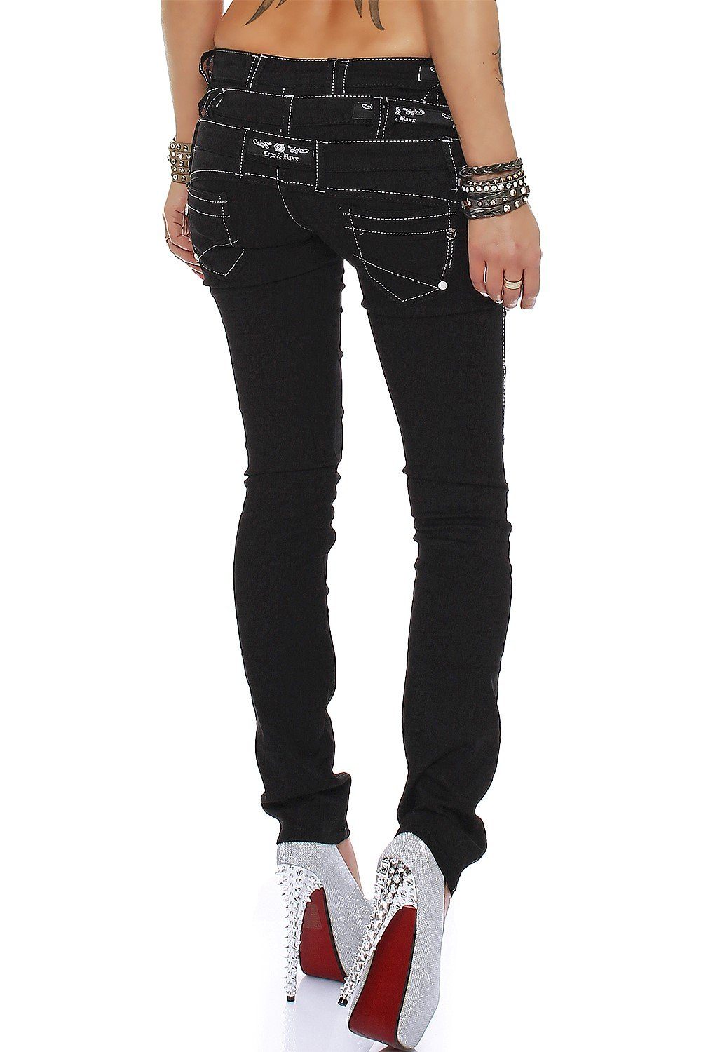 Cipo & Baxx Regular-fit-Jeans Damen Regular Fit Hose Mid Waist BA-CBW0313 (1-tlg) mehrfache Logos und aufgenähte Reißverschlüsse