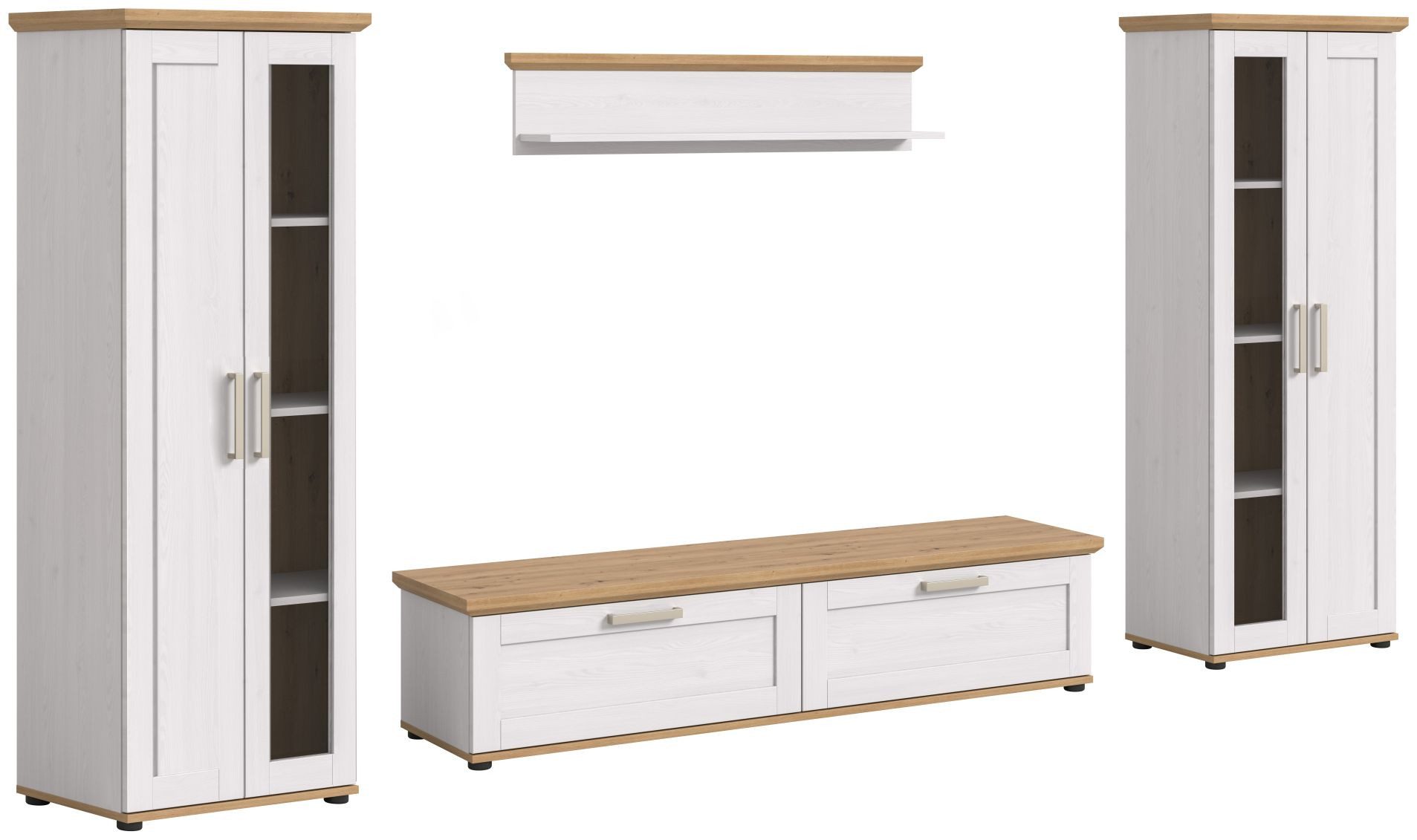 xonox.home Wohnwand Wohnkombination Verona, (4tlg. Set bestehend aus Lowboard, Wandboard, 2x Vitrine groß), Sibiu Lärche Nachbildung Melamin Modern 336x161x40 cm