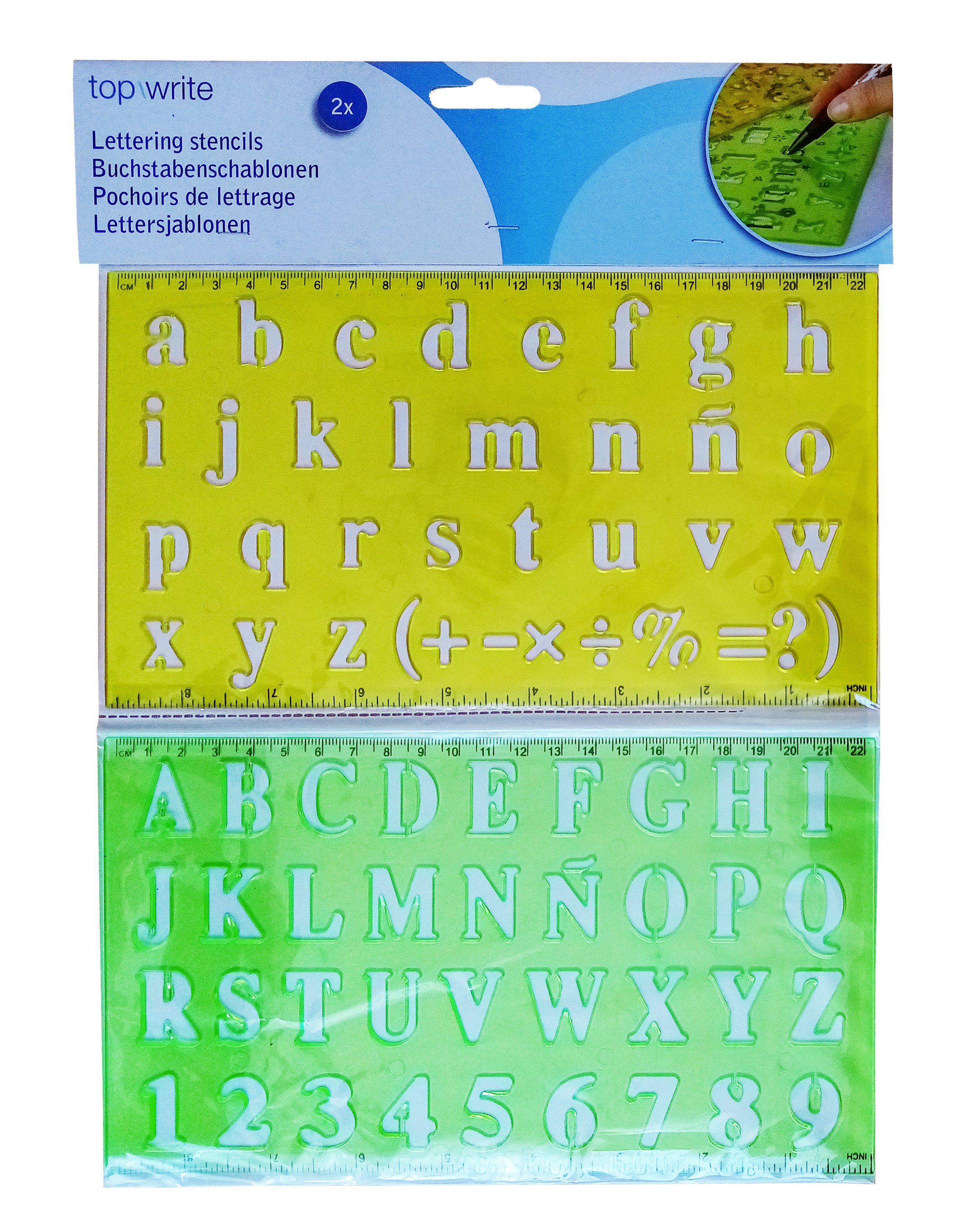 Topwrite Kids Zeichenschablone BUCHSTABENSCHABLONEN Set 2-teilig aus Kunststoff Linien 00 (Gelb/Grün), Zahlenschablonen Buchstaben Ziffern Alphabet Schablonen Sonderzeichen