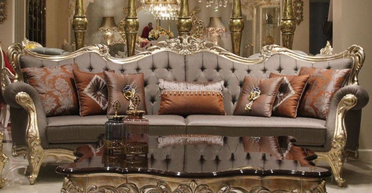 Casa Padrino Sofa Luxus Gold - Sofa Barock Prunkvolles 300 Möbel Edle 98 x 120 x Wohnzimmer im Sofa Barockstil / Wohnzimmer Barock cm Grau - H