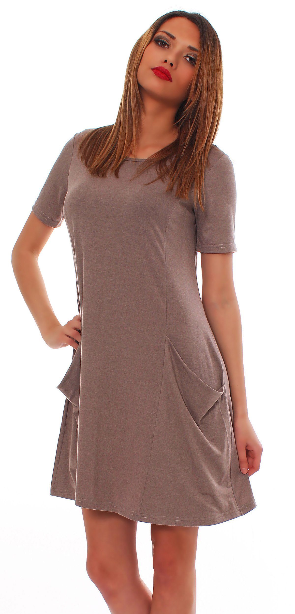 Mississhop A-Linien-Kleid Kleid Tunika Longshirt Pulli Tunika Minikleid mit Taschen 6514 Cappuccino_kurz