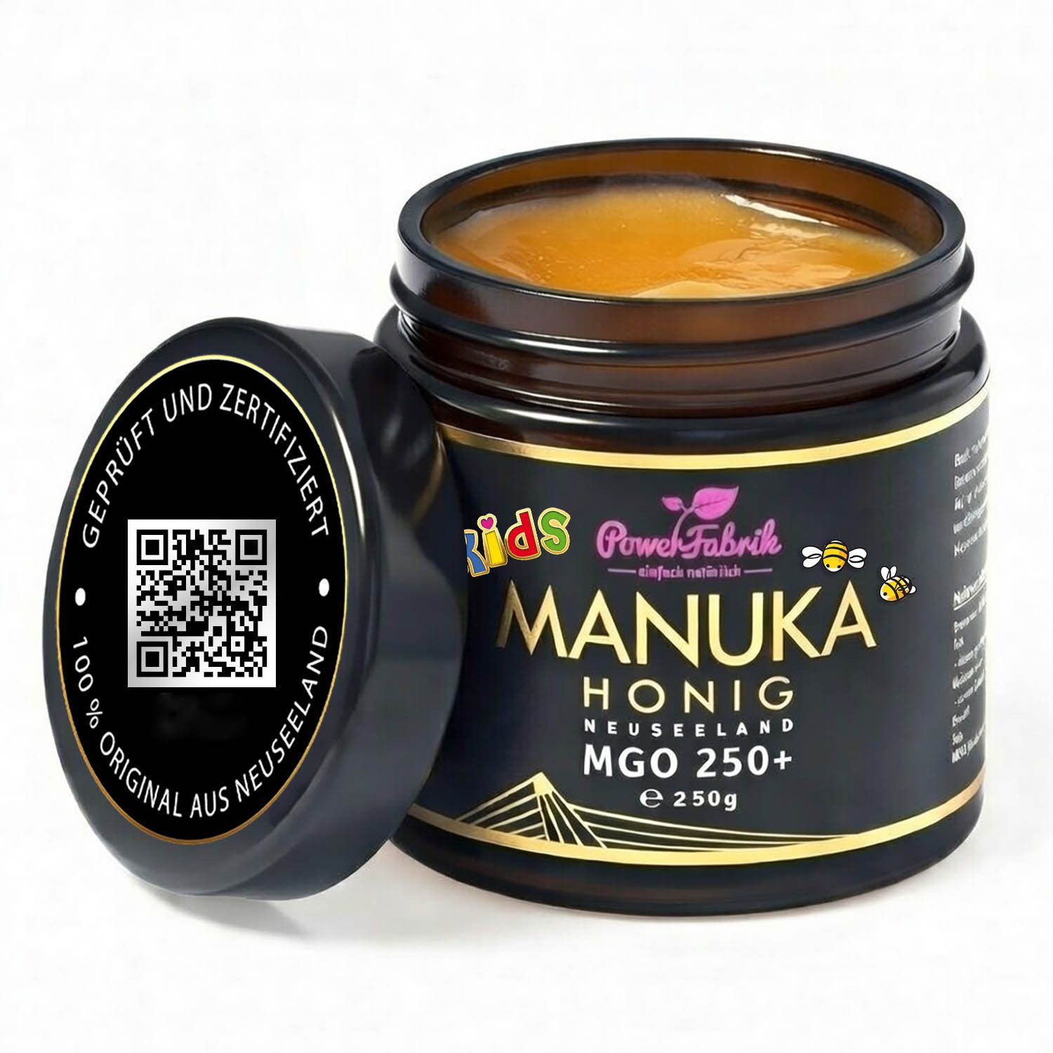 PowerFabrik Honig Manuka Honig MGO 250+ Kinder, 250g, Original aus Neuseeland, im Glas, 1 x
