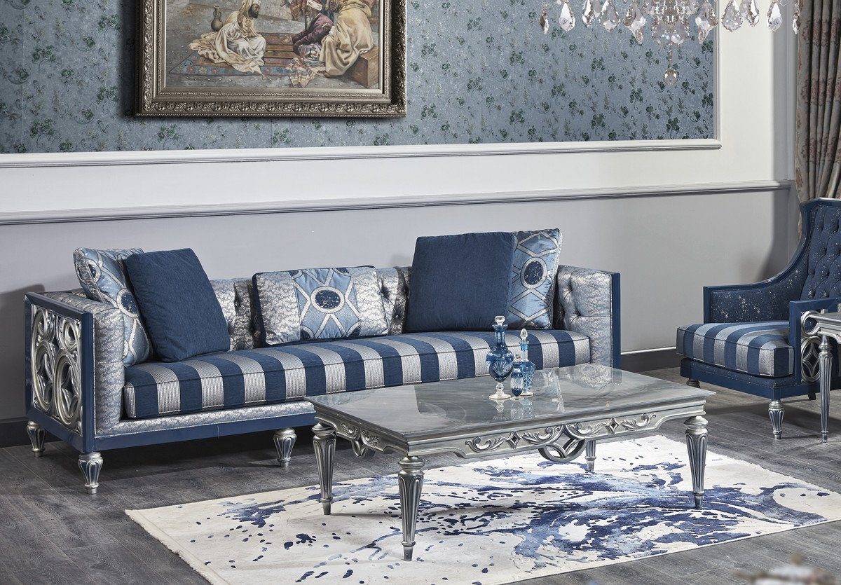 Casa Padrino Chesterfield-Sofa Luxus Barock Chesterfield Sofa Blau / Silber gestreift 250 x 92 x H. 85 cm - Wohnzimmermöbel im Barockstil | Chesterfield-Sofas