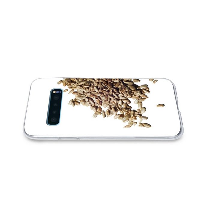 MuchoWow Handyhülle Stapel gerösteter Sonnenblumenkerne auf einem weißen Hintergrund Phone Case Handyhülle Samsung Galaxy S10+ Silikon Schutzhülle FN11636