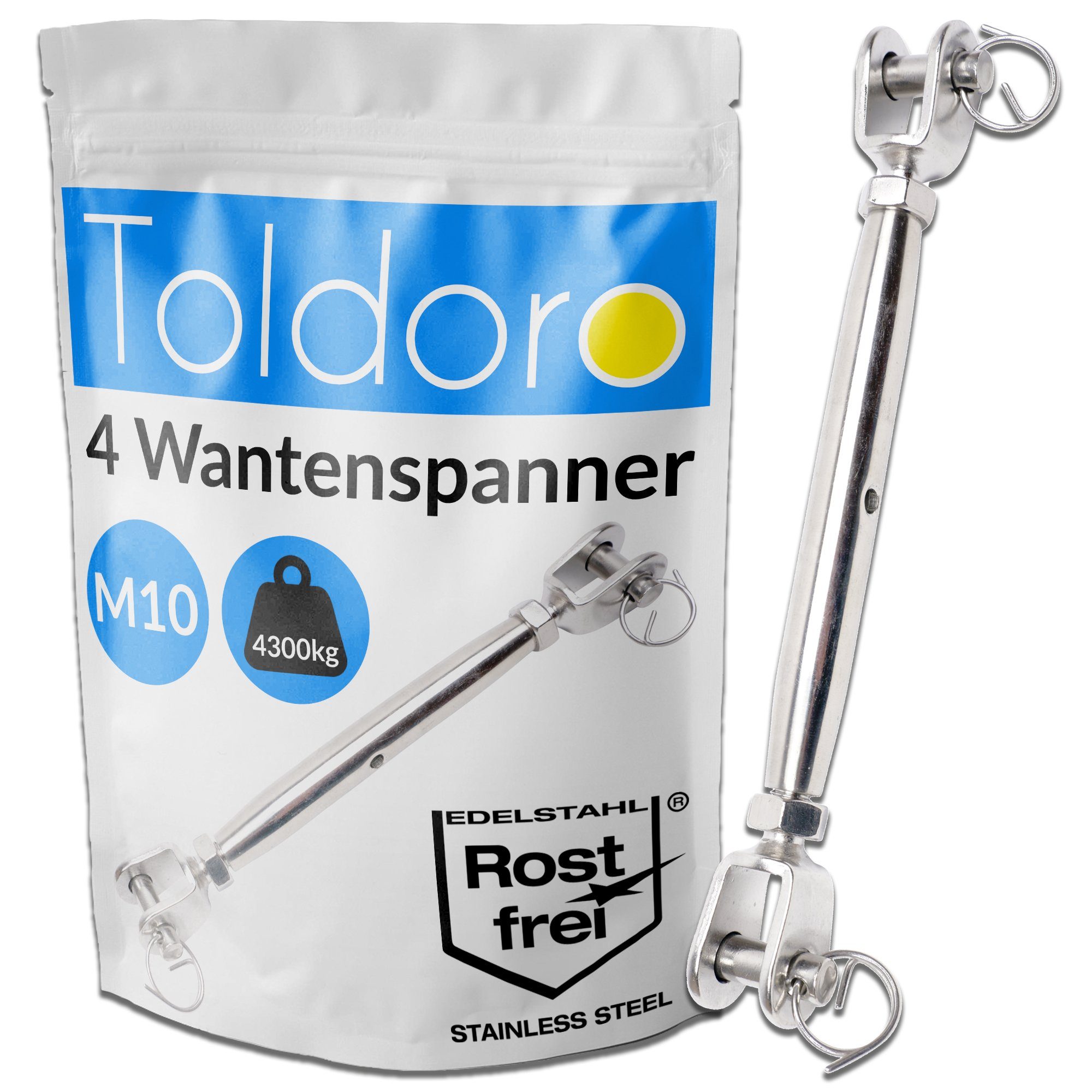 Toldoro Spannschloss Toldoro 4 Stück M10 Wantenspanner Edelstahl rostfrei V4A Sonnensegelspanner, Spannschloss, Seilspanner, Drahtspanner Gabel/Gabel geschlossene Form, 4-tlg., 4x Wantenspanner M10 Edelstahl Gabel/Gabel Spannschloss Seilspanner Drahtspanner