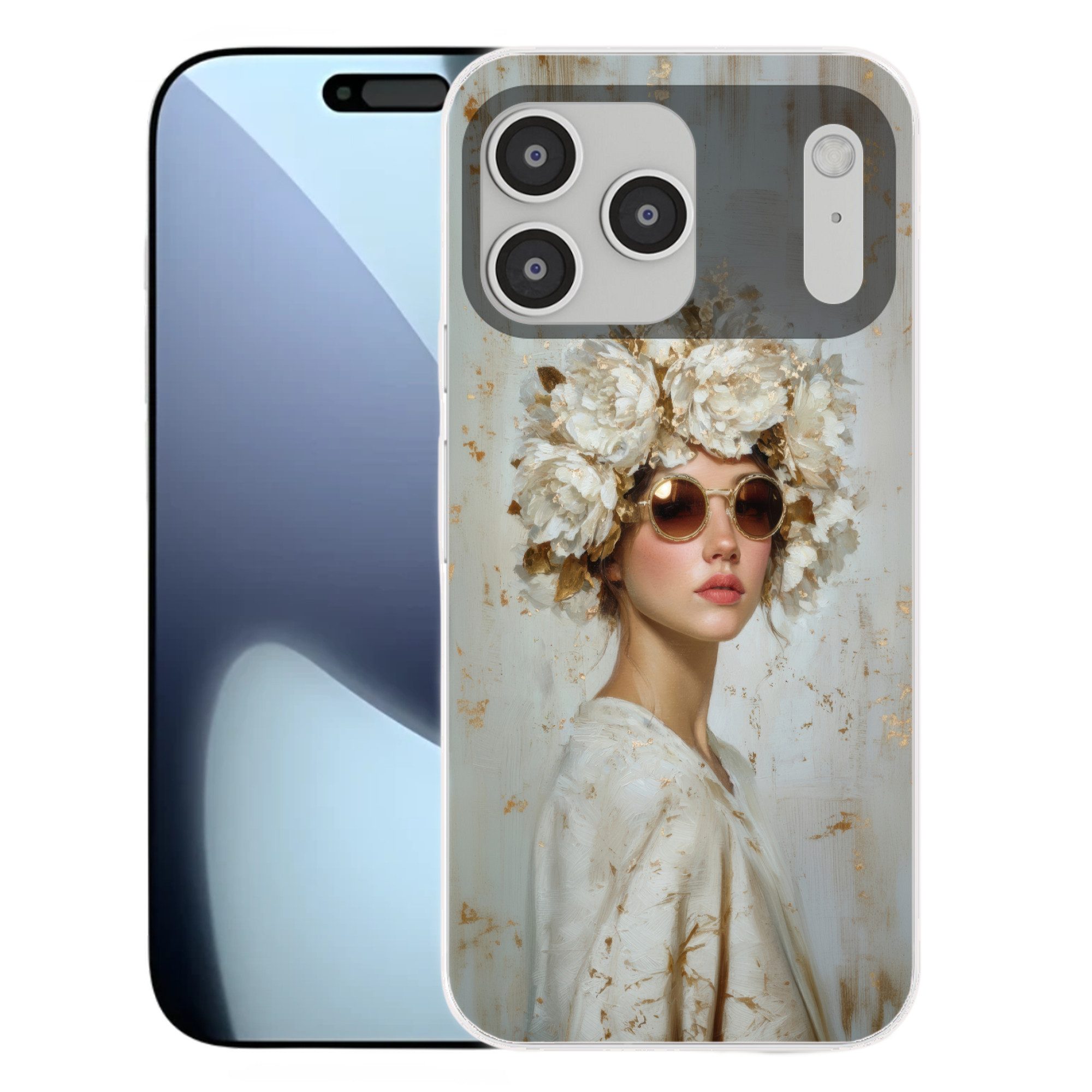 MuchoWow Handyhülle für Apple iPhone 17 Pro Max Gemälde - Frau - Sonnenbrille - Blumenkran, Smartphone-Bumper, Print, Handy Schutzhülle Dünn