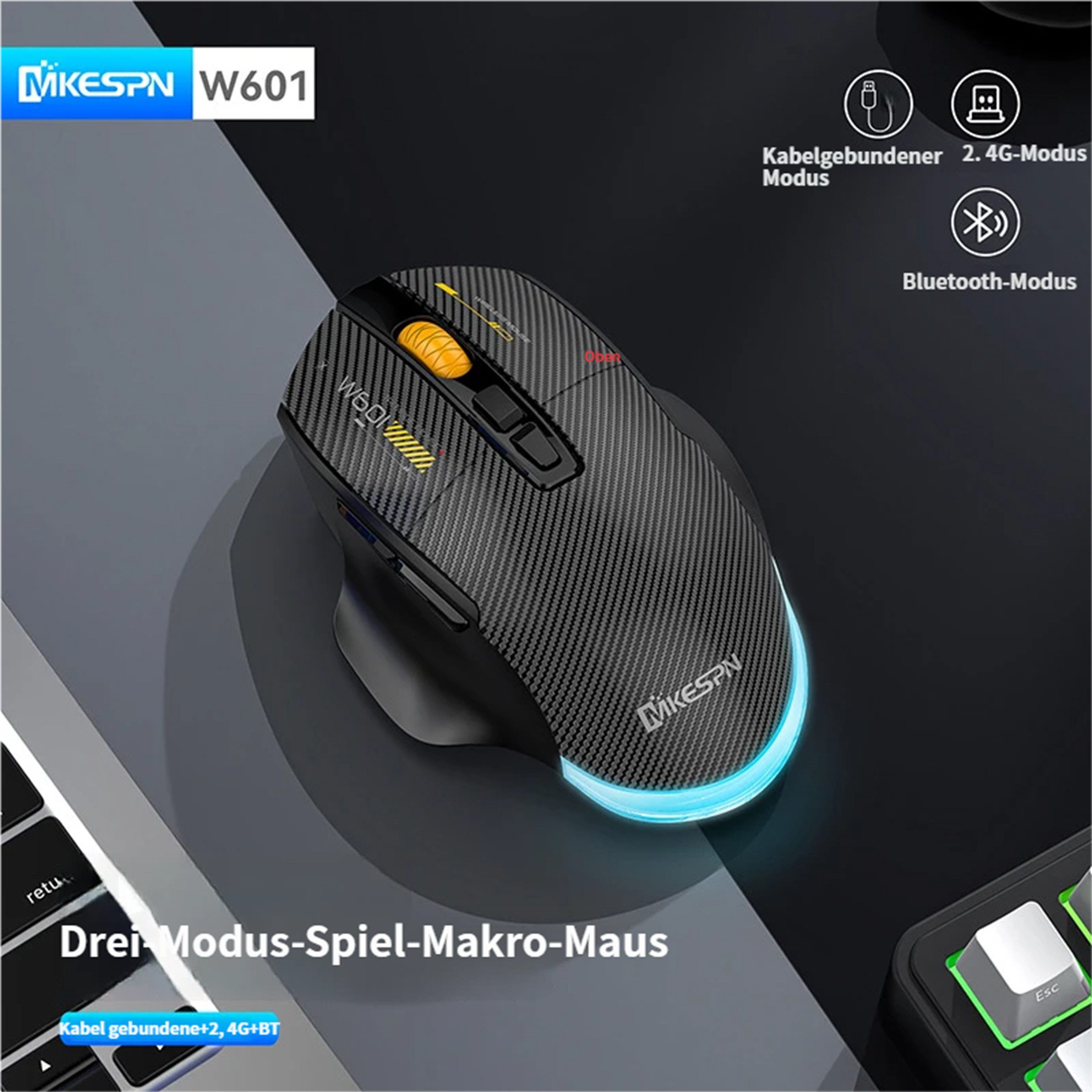 KINSI 3-Modus Gaming Maus,Kabelgebunden + 2,4G Funk + Bluetooth Maus Maus (Bluetooth, Funk, Makro-programmierbar, bis 12800 DPI, RGB-Beleuchtung)
