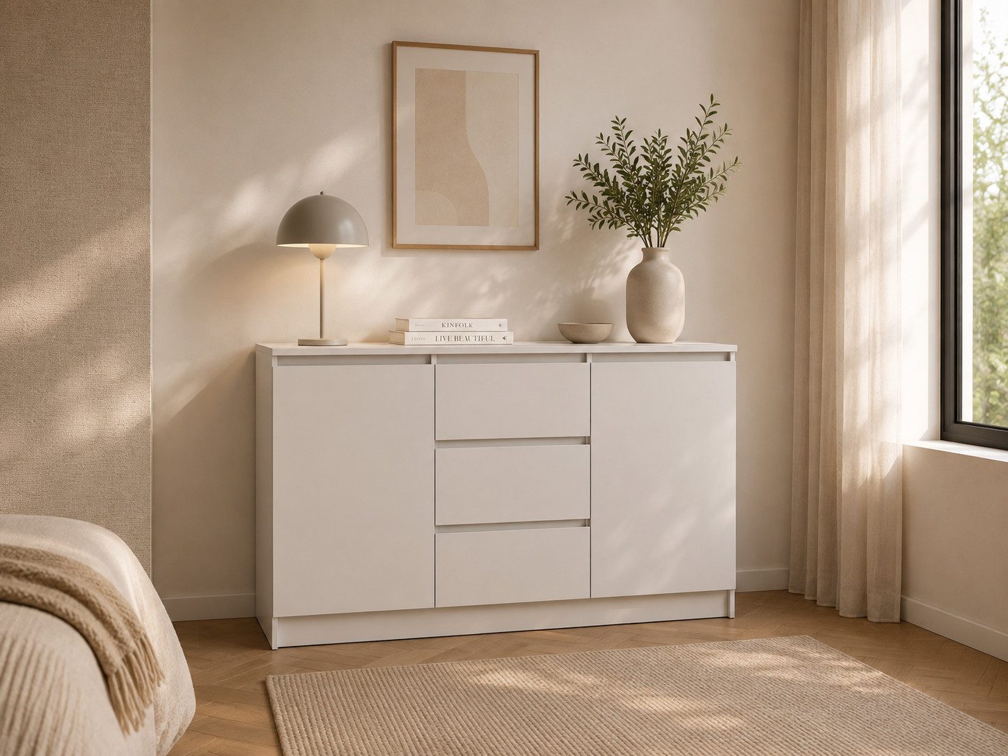 MOEBLO Kommode LOSKO 2D3S (Schubladenkommode -120 cm breit, mit 2 Türen, 3 Schubladen, 6 Einlegeböden, grifflos, Weiß oder Kaschmir), (BxHxT): 120 x 86 x 42 cm