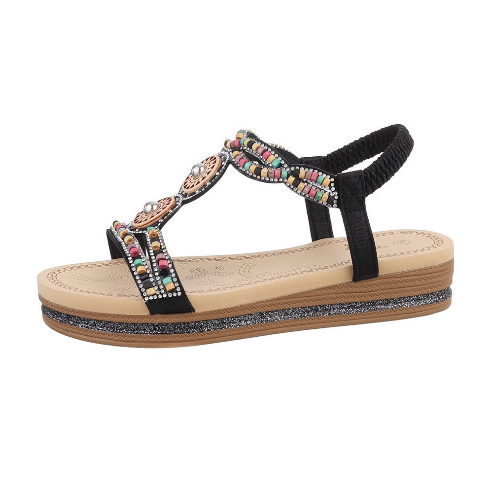 Ital-Design Damen Boho/Hippie Riemchensandalette (85960318) Keilabsatz/Wedge Keilsandaletten in Schwarz