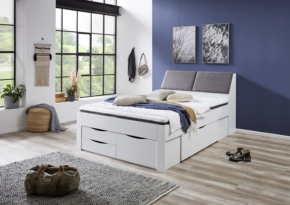 Natur24 Einzelbett Einzelbett Maxi 140x200 Spanplatte Weiß mit  Polsterkopfteil Bett, Dekoration nicht im Lieferumfang enthalten