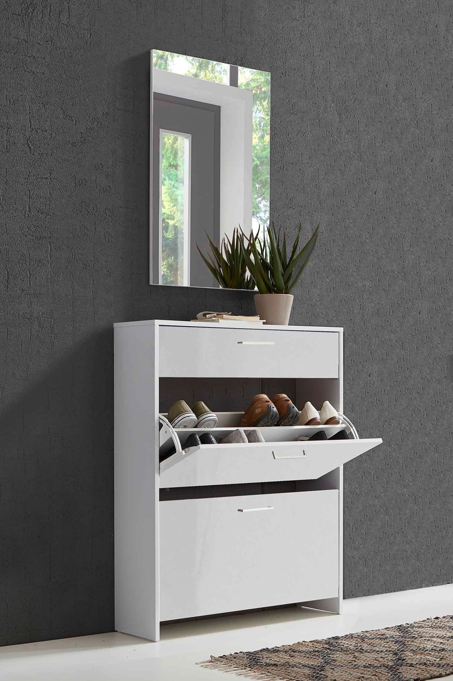 BMG Möbel Schuhkipper Palermo (Schuhschrank Schuhregal Garderobe, Made in Germany), Metallgriffe, weiß lackierte Hochglanzfronten