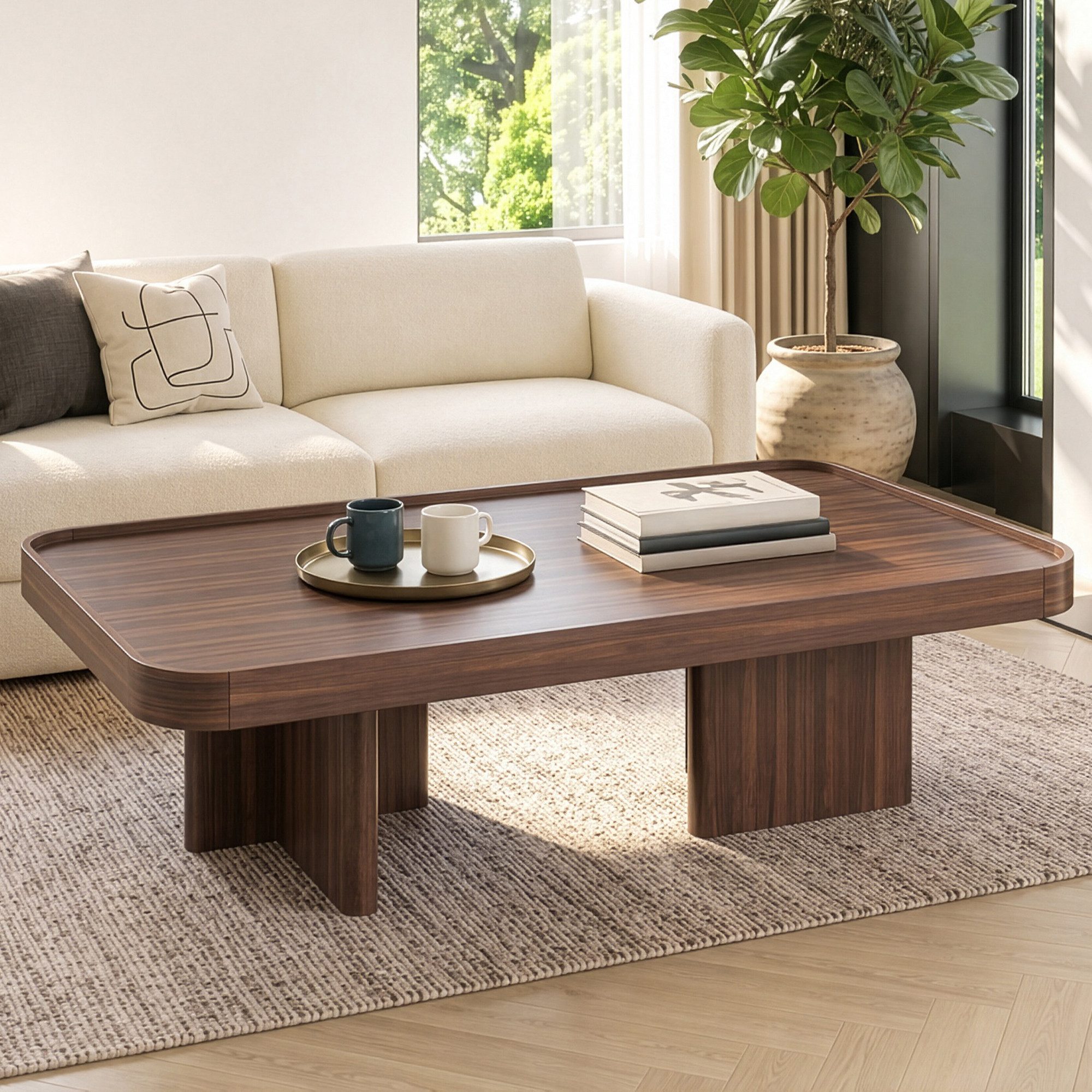 HAUSS SPOLE Couchtisch mit abgerundeten Ecken,Kaffeetischer Sofatisch 100×50×35,5 cm,Walnuss (Rechteckiger Kaffeetisch für Wohnzimmer), 100×50×35,5 cm Balkontisch Schlafzimmertisch mit abgerundeten Ecken