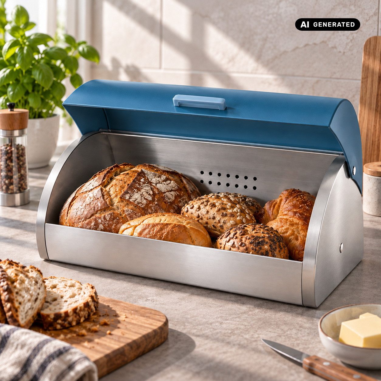 Michelino Brotkasten Edelstahl Brotbox Brotbehälter Brötchenaufbewahrung, (Rolldeckel lackiert), Belüftungslöcher auf der Rückseite – Bild 4 von 4