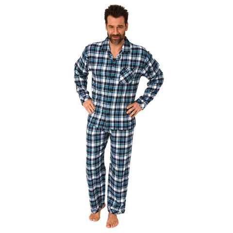 Normann Pyjama Herren Flanell Schlafanzug lang, durchknöpfbarer Pyjama in Karo-Optik