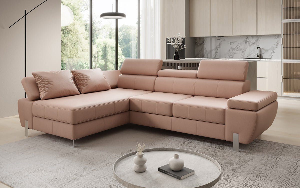 Luxusbetten24 Schlafsofa Designer L Sofa Calista mit Schlaffunktion und Stauraum, mit verstellbaren Kopfstützen und beweglichen Armlehnen