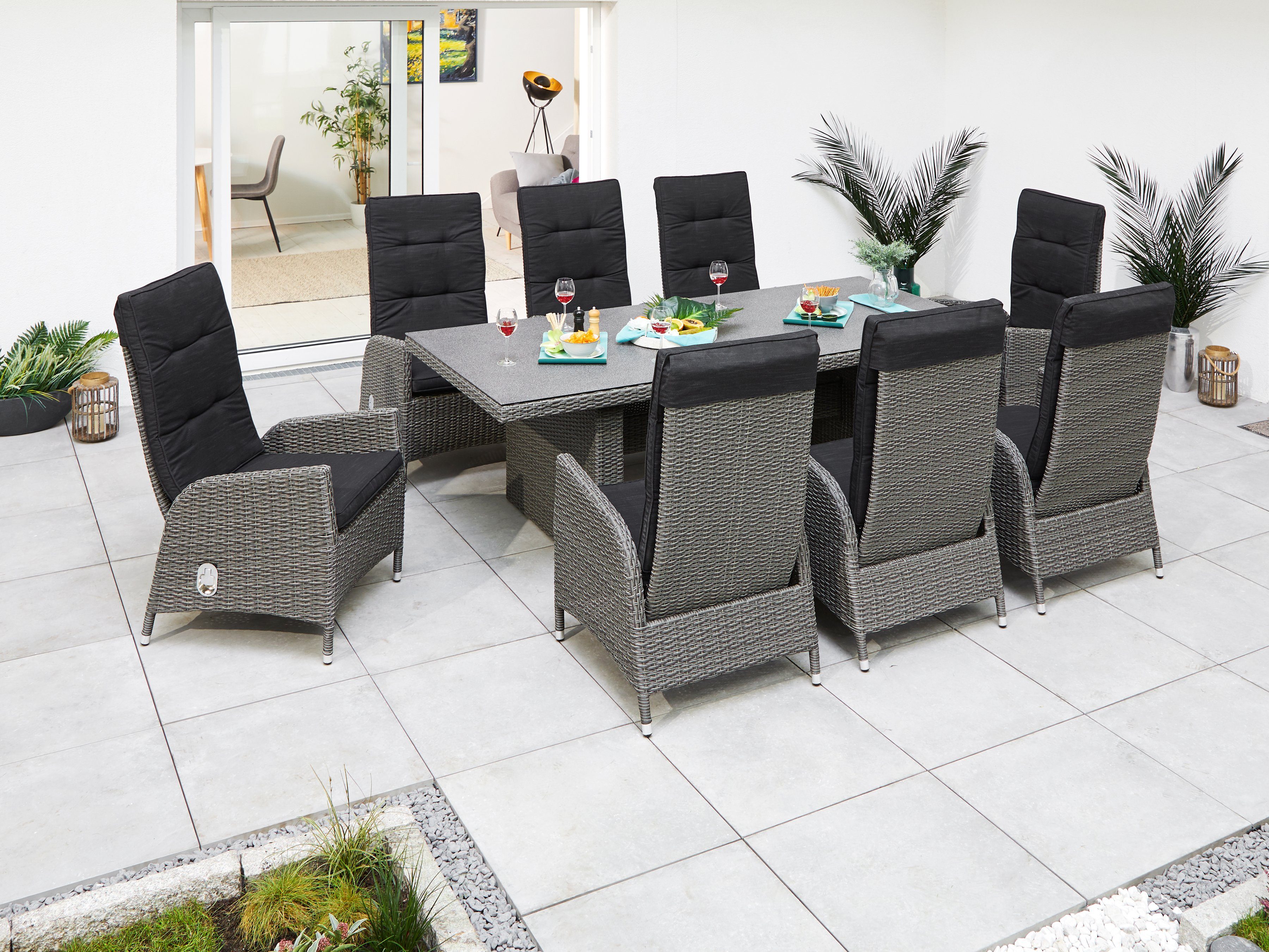 KONIFERA Garten-Essgruppe Brisbane, (Set, 17-tlg., inkl. Auflagen, 8x Sessel, 1x Tisch 225x100x75, Aluminium/Polyrattan), Rückenlehnen verstellbar, Tischplatte aus Stone-Spray-Glas