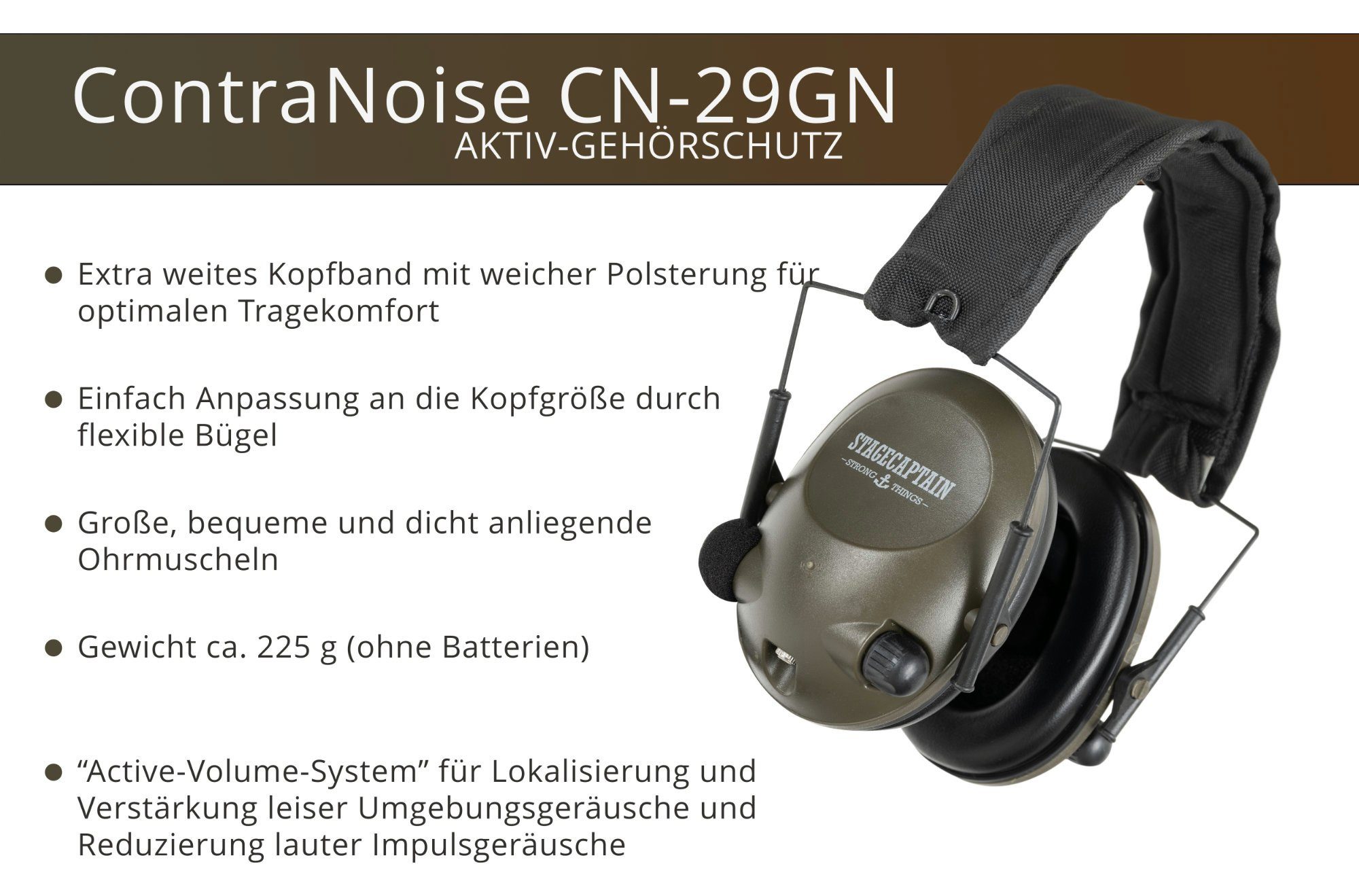 Stagecaptain Bügelgehörschutz ContraNoise “Active-Volume-System”, mit Kopfhörer Größenverstellbar Gehörschutz