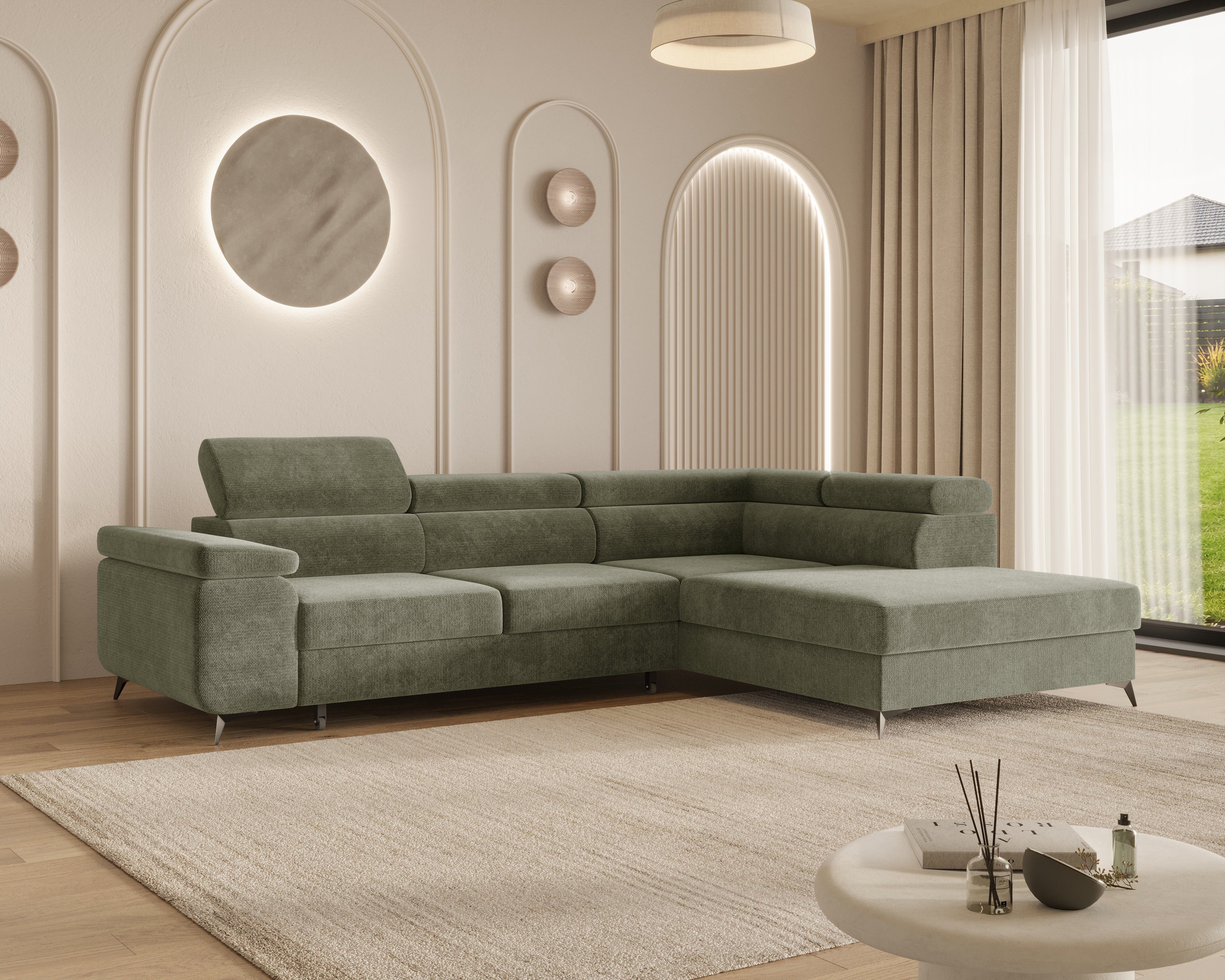 MOEBLO Ecksofa OSTIN, 290 cm – Modernes L-Sofa mit Schlaffunktion, Bettkasten und verstellbaren Kopfstützen, Cord oder Strukturstoff, - (BxHxT): 290 x 75–90 x 202 cm