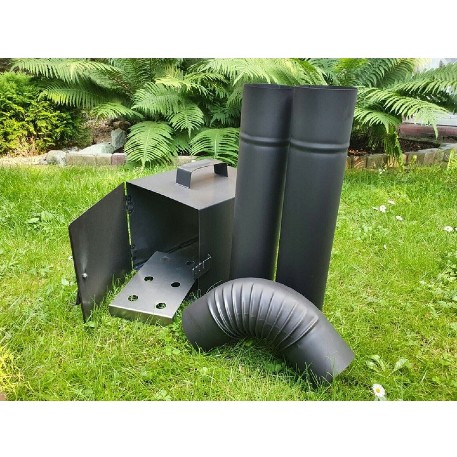 QLS Räucherofen Feuerstelle, Set, 1x Feuerstelle, 2x Rohr, 1x Rohrbogen, Räuchereiset Rohre Rohrbogen Grillen Räuchern Garten Set