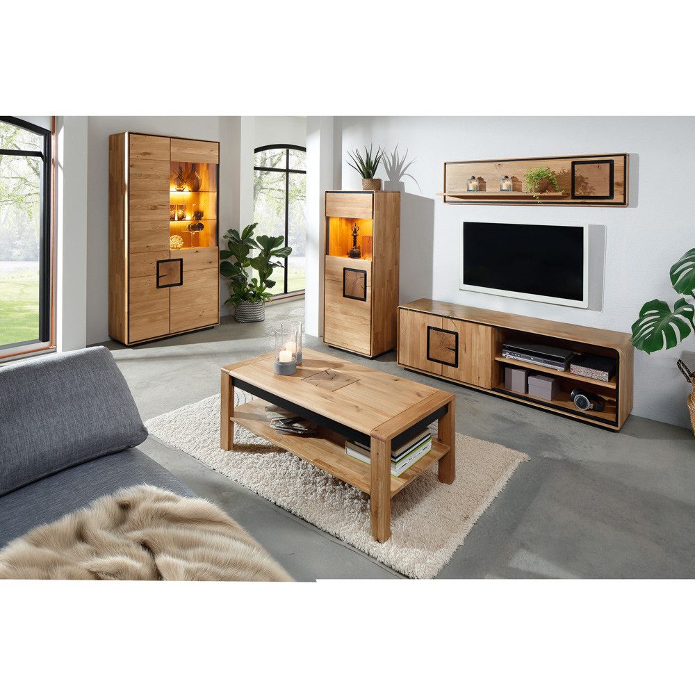Lomadox Wohnzimmer-Set WOODBRIDGE-69, (Mega-Spar-Set, 5-St., Schrankvitrine Highboard TV-Board Couchtisch Wandboard), aus massiver Eiche, inkl. LED-Beleuchtung, Hirnholz