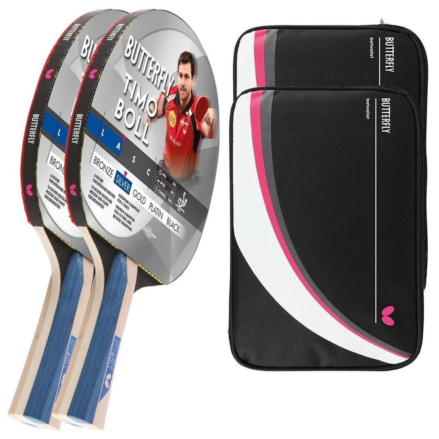 Tischtennisschläger 2x Timo Boll Silber 85016 + 2x Drive Case 2