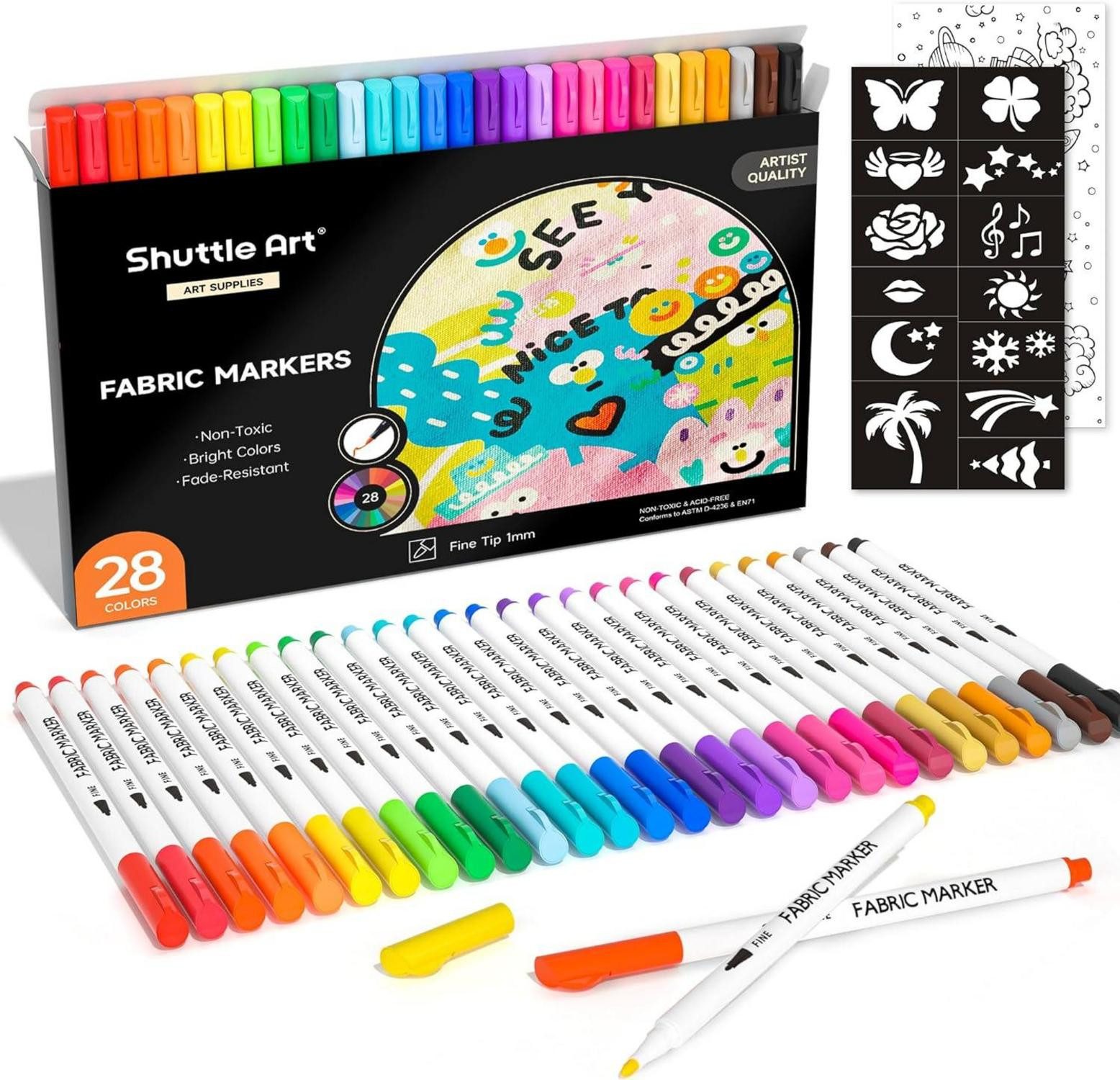 Shuttle Art Textilmarker 28 Textilstifte Set waschmaschinenfest mit Vorlagen Leinwand