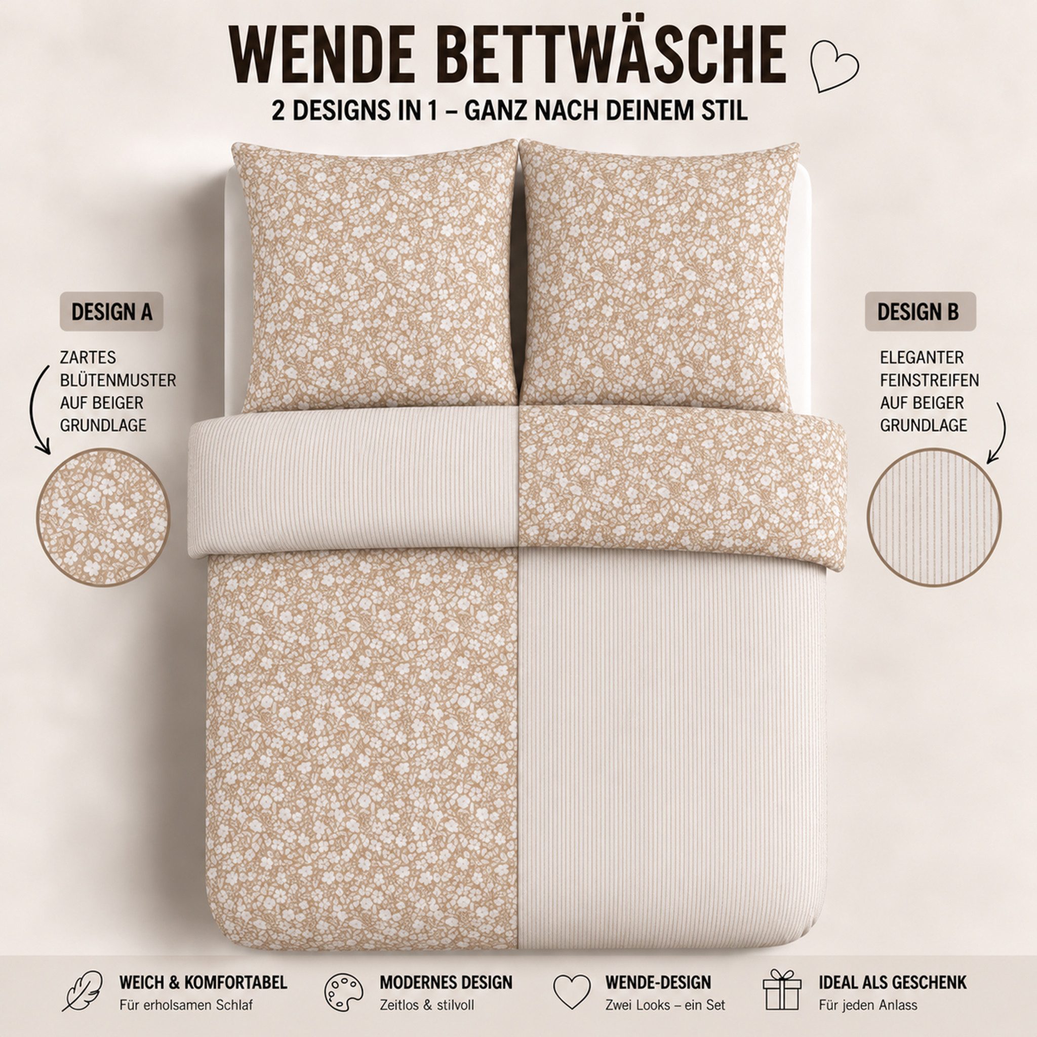 Buymax Bettwäsche Meadow Wendebettwäsche sets für Einzel- und Doppelbetten, Polycotton, 3 teilig, Bettbezug-Set 200x220 cm Reißverschluss, 60% Baumwolle, 40% Po – Bild 3 von 5