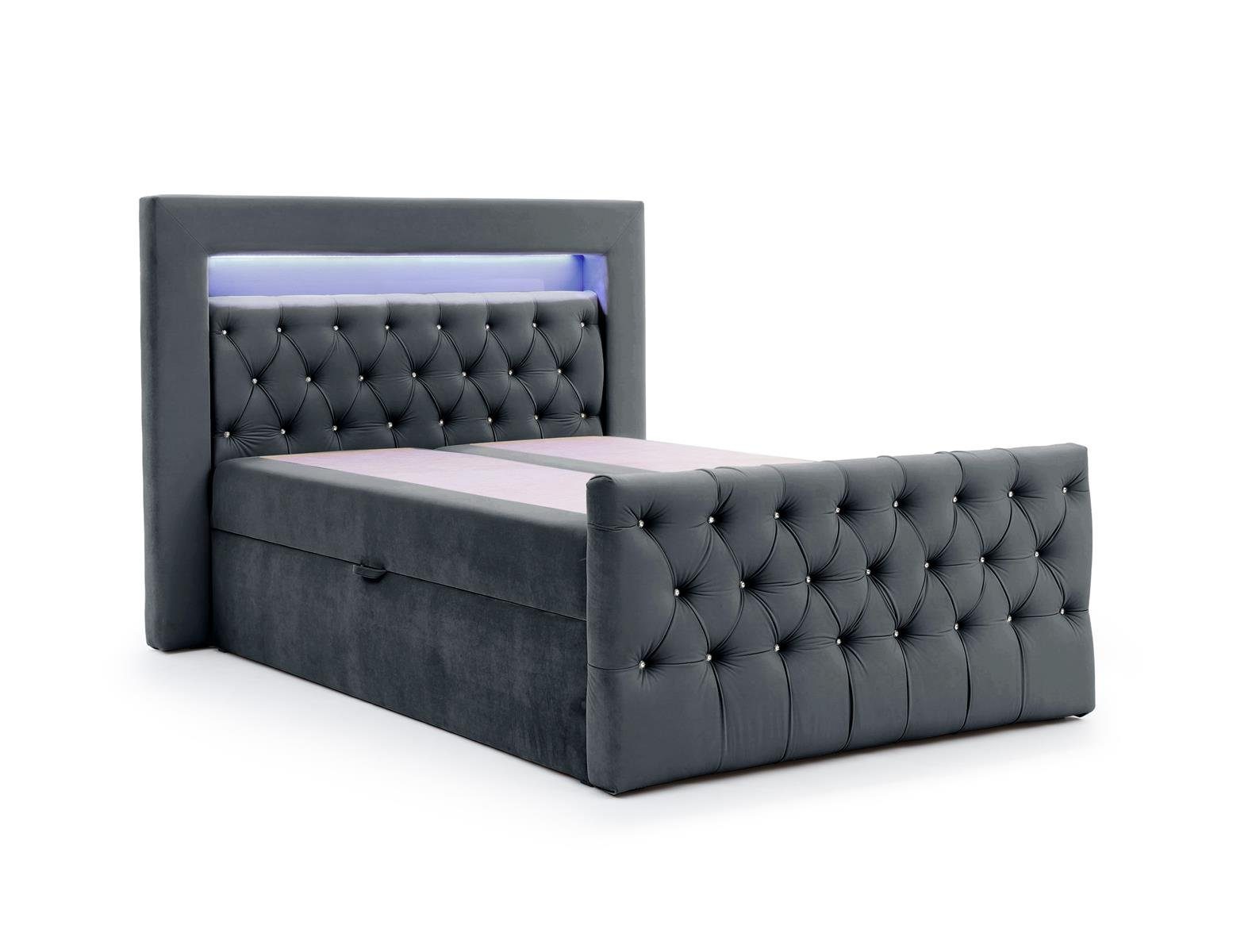 Polsterbett Hauptmatratze Bettkästenf 85) mit (mit mit Boxspringbett die ür Topper, Beautysofa (slow motino LED grau zwei Singa Bettwäsche LED-Beleuchtung), und