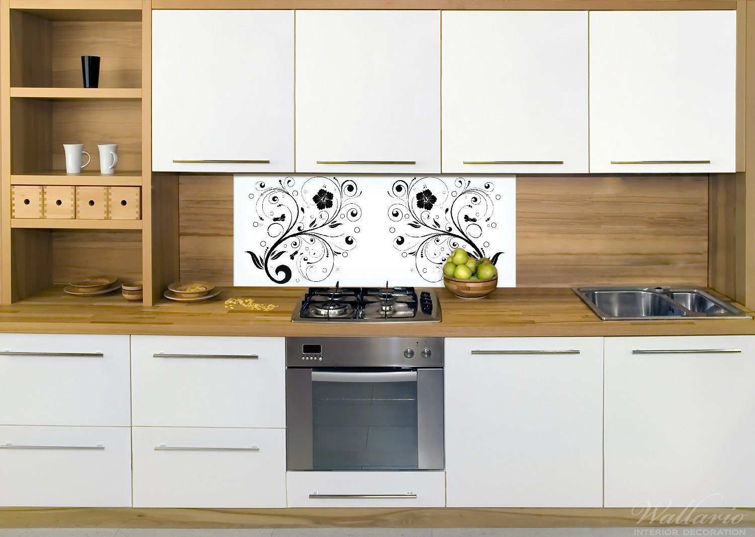 Wallario Küchenrückwand Schnörkelmuster in weiß (1-tlg) schwarz mit Kreisen, und Blumen