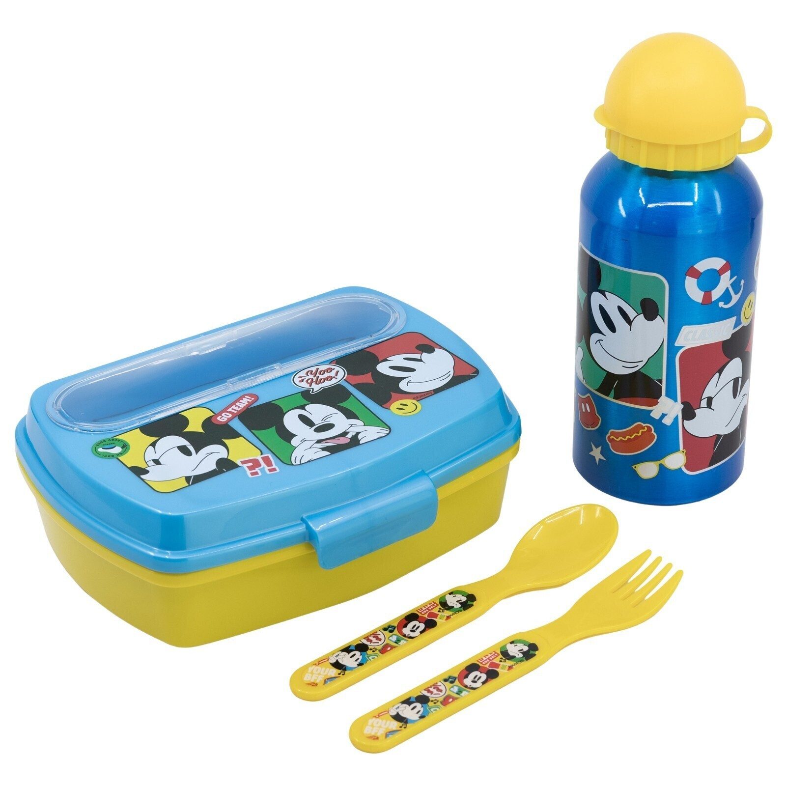 Disney Lunchbox Disney Mickey Maus 4 tlg Kinder Lunch Set Brotdose Alu-Trinkflasche, (4-tlg., Spar-Set), Besteck