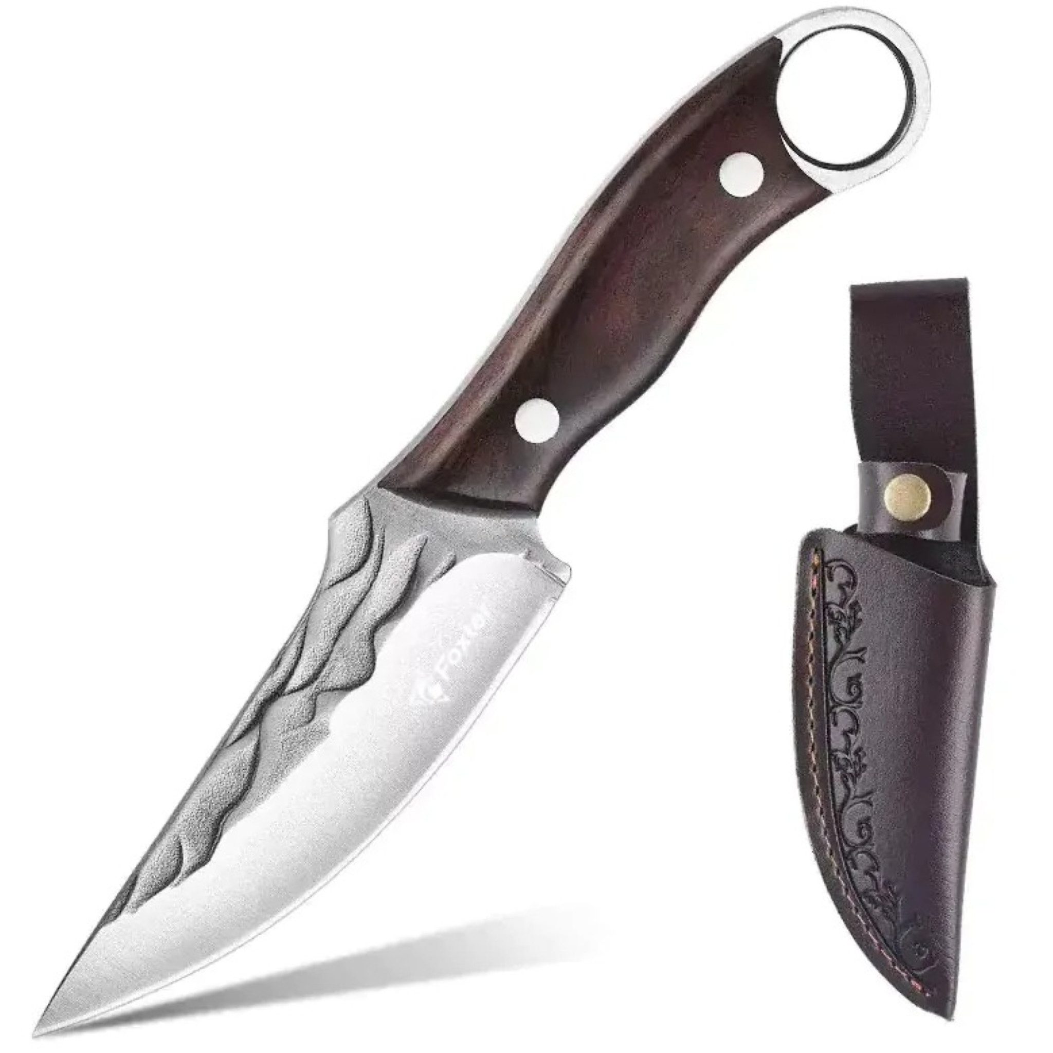 Foxter Taschenmesser Universelles Survival Jagdmesser mit Holzgriff und Ledertasche, (Hochwertiges Outdoor- und Jagdmesser für vielseitige Einsätze, Jagdmesser mit Holzgriff und Lederscheide für sicheren Transport), Robuste Edelstahlklinge mit ergonomischem Holzgriff