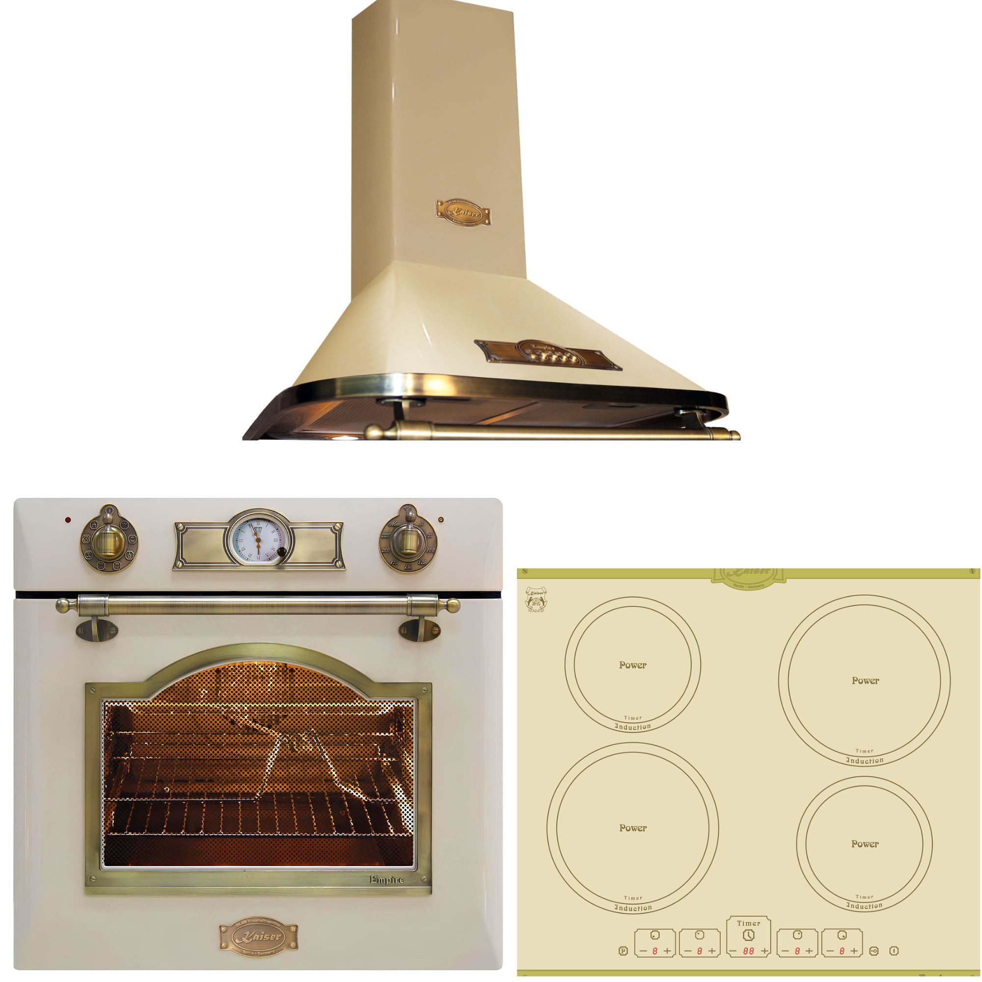 Kaiser Küchengeräte Backofen-Set Herd Set Autark Elektro Backofen, Selbstreinigung, Drehspieß, 8 Funktionen mit Induktionskochfeld Autark 60 cm 4 Zonen mit Booster+Exklusive Designer Retro Abzugshaube 910 m³/h EH 6355 ElfEm+KCT 6195 IElfEm+A 6315 ElfEm, mit 1-fach-Teleskopauszug, Katalytische Selbstreinigung, Elektro Backofen, 60cm+Induktionskochfeld 60 cm+Dunstabzugshaube 60 cm