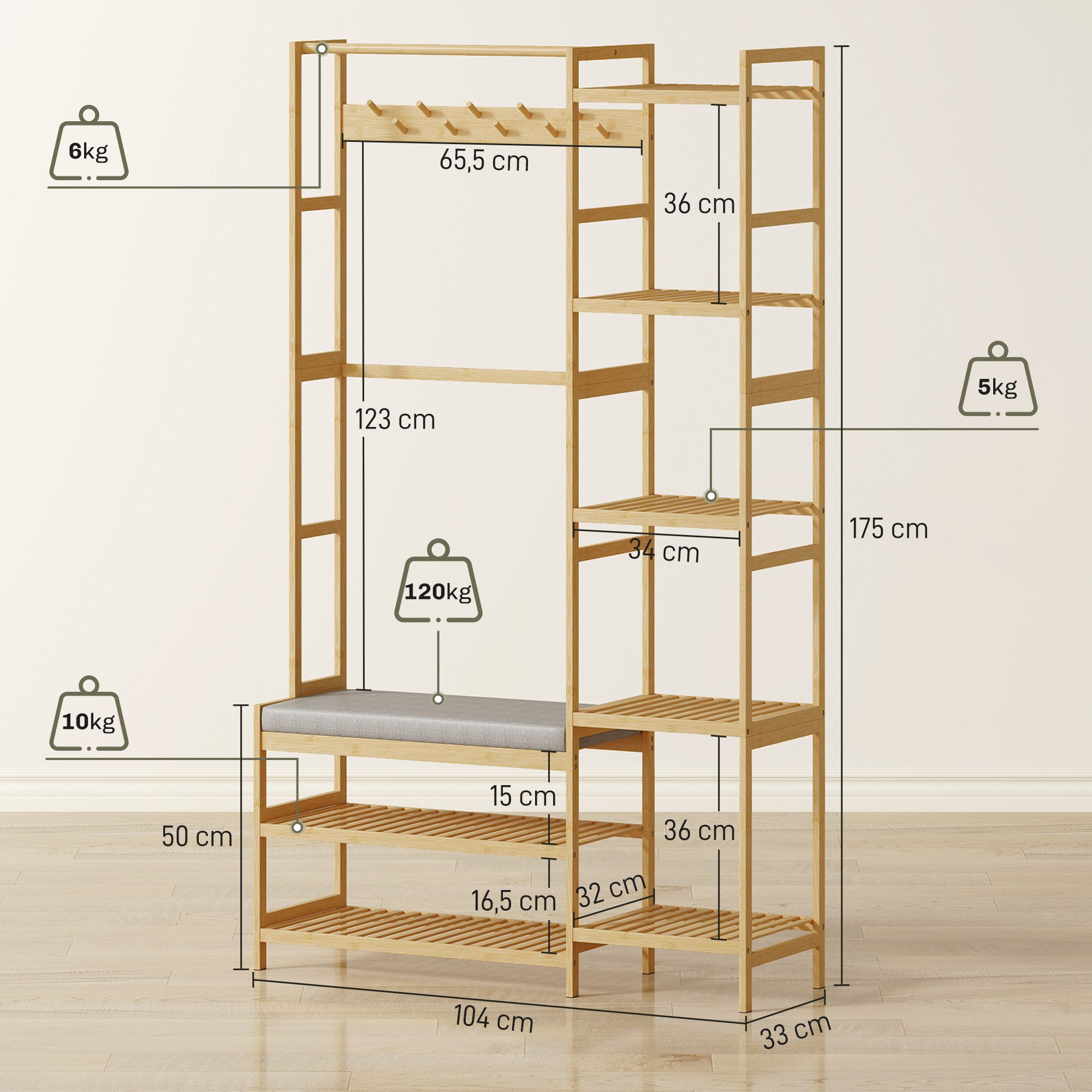 HOMCOM Garderobenständer Schuhbank, gepolstert, mit 2 Ablagen, Kleiderstange, Höhe 175 cm, (Kleiderständer, 1 St., Standgarderobe), für Wohnzimmer, Schlafzimmer, Naturholz