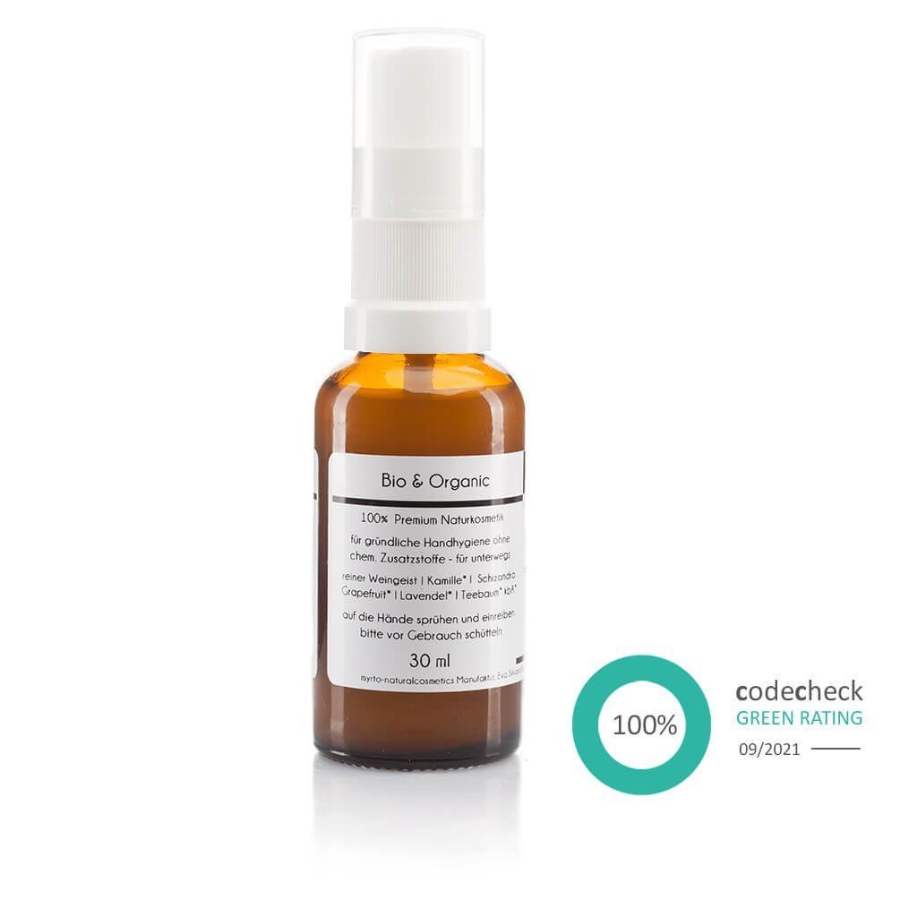 myrto Naturkosmetik Gesichts- und Körperspray Bio Hygiene Handspray - schützend und desinfizierend für sensible Haut, ohne Vergällungsmittel, mit reinem Alkohol, hautpflegend mit Betain