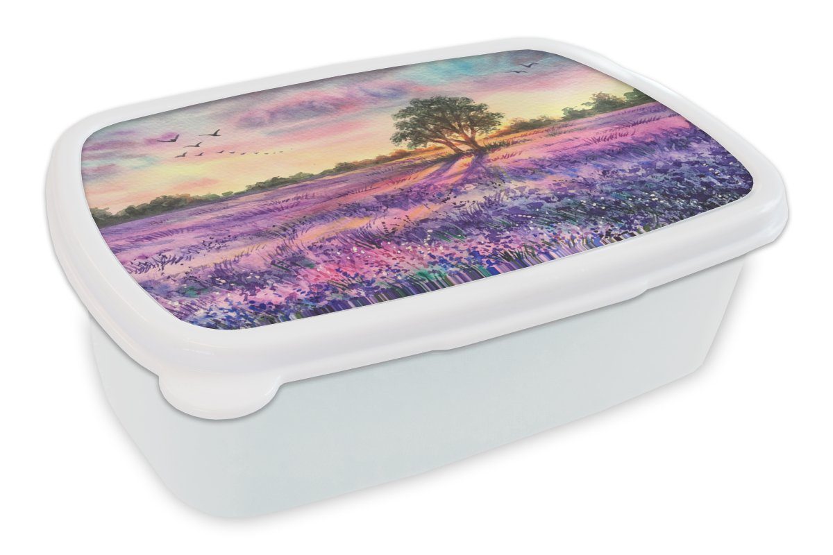 Jungs Brotdose, Kinder Lavendel Kunststoff, - Farbe Lila, weiß Bäume Vögel - - für - Mädchen MuchoWow und und Lunchbox für Brotbox (2-tlg), Erwachsene,