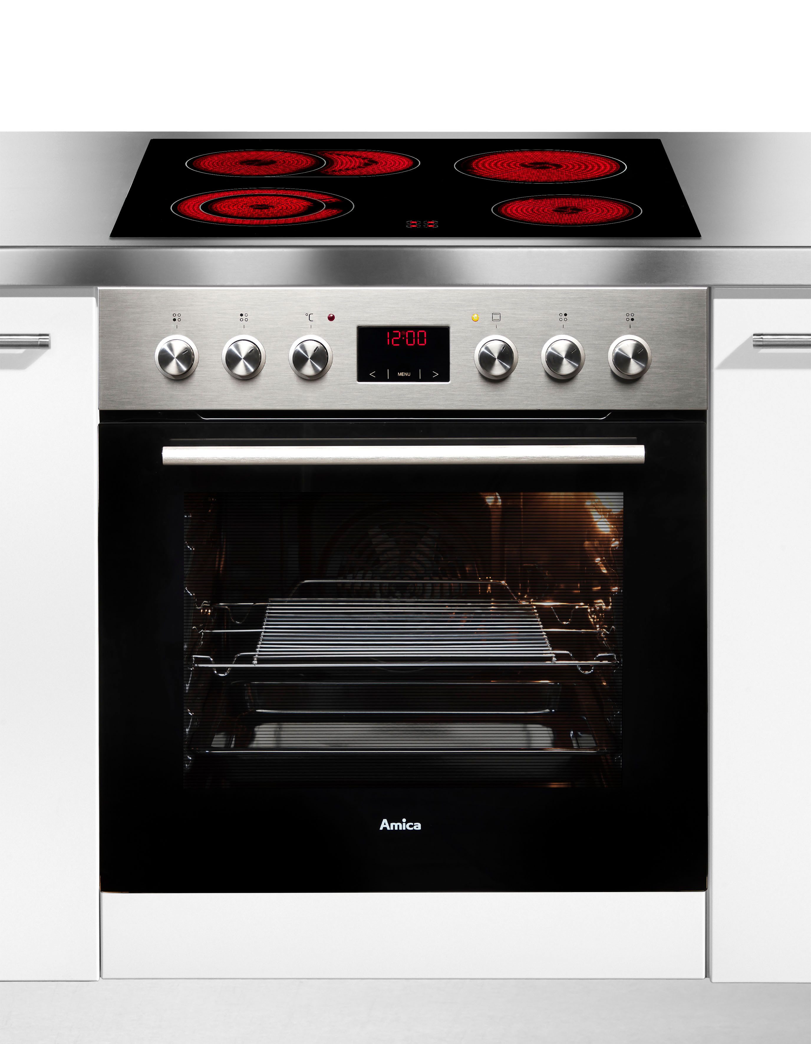 Amica Elektro-Herd-Set EHC 933 333 E, Steam Clean, Glaskeramik-Kochfeld mit anpassbarer Fläche für große Töpfe und Bräter