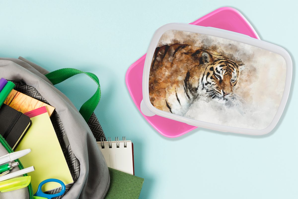 für Gemälde, Brotdose Brotbox Lunchbox Tiger rosa Kinder, - Kunststoff, Augen Mädchen, Snackbox, Kunststoff MuchoWow Erwachsene, (2-tlg), -