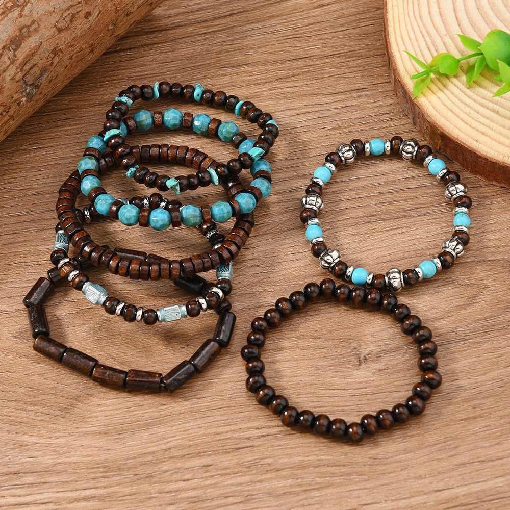 The Beauty House Armband 7er Set Perlenarmbänder Boho Schmuck mehrschichtig aus Holz und Türkis, Ethno Hippie Stil für Alltag Festival