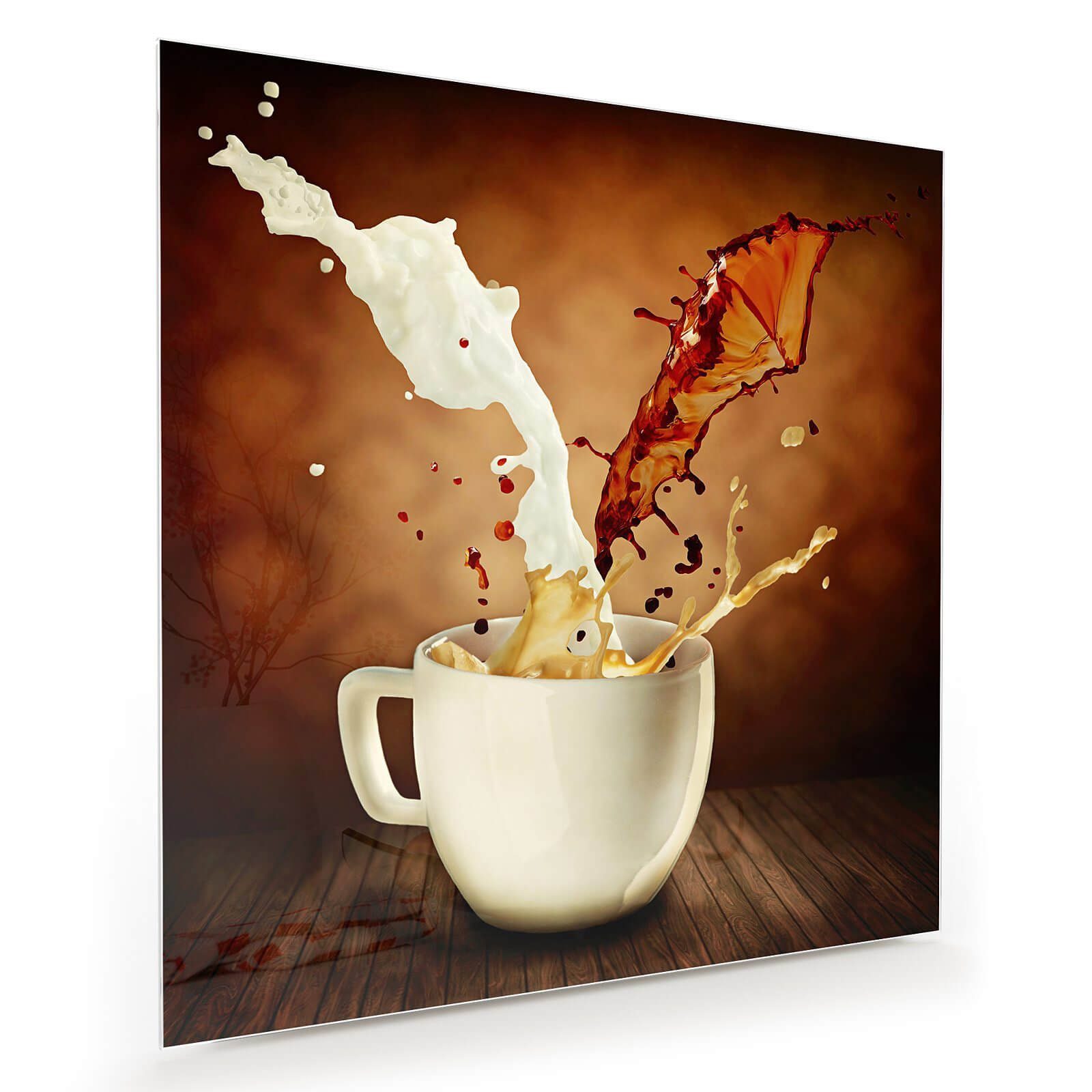Glasbild Wandbild Quadratisch Kaffee aus Tasse spritzend mit Aufhängung