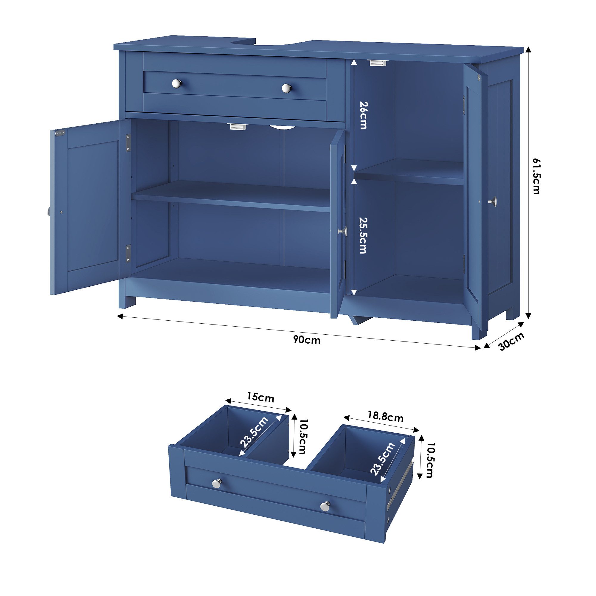 Homfa Waschbeckenunterschrank Unterschrank Badezimmerschrank mit 1 Schublade und 3 Türen, Breite 90 cm, freistehend
