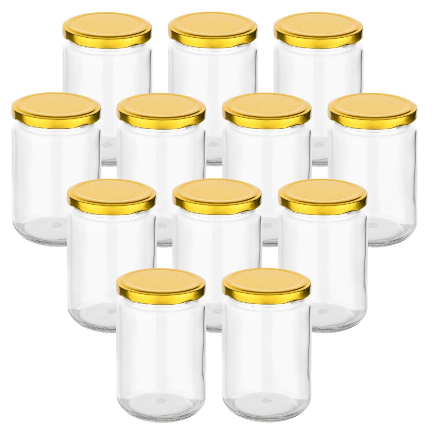 gouveo Einmachglas Einmachgläser rund mit mit ml), 350 (12er Set, Gläser Schraubverschluss, goldfarben, mehrweg Schraubdeckel Mit - Twist-Off-Deckel