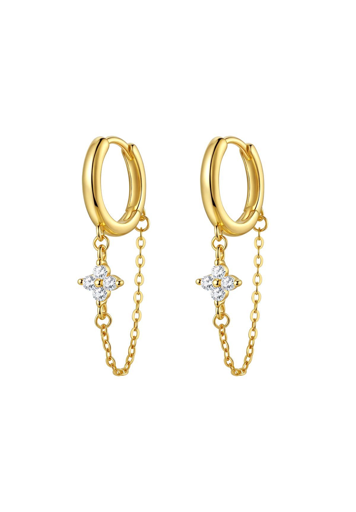 Hey Happiness Paar Ohrhänger Creolen mit Kette & Zirkonia Blume Anhänger, Filigrane Kettenohrringe aus 925 Sterling Silber, vergoldet