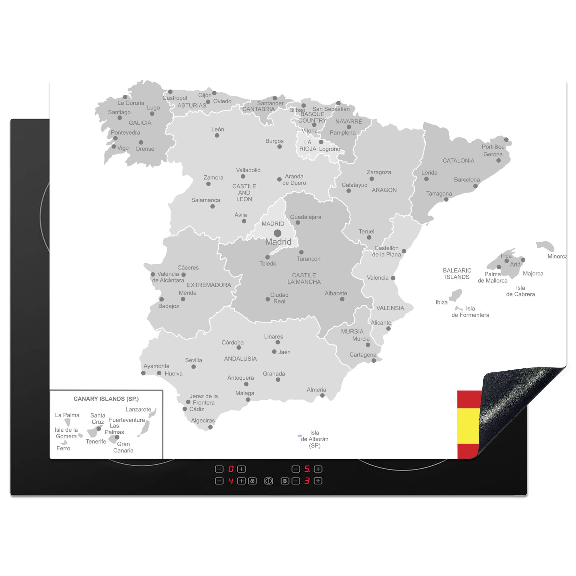 MuchoWow Herdblende-/Abdeckplatte Illustration der Provinzen in Spanien, Vinyl, (1 tlg), 70x52 cm, Mobile Arbeitsfläche nutzbar, Ceranfeldabdeckung