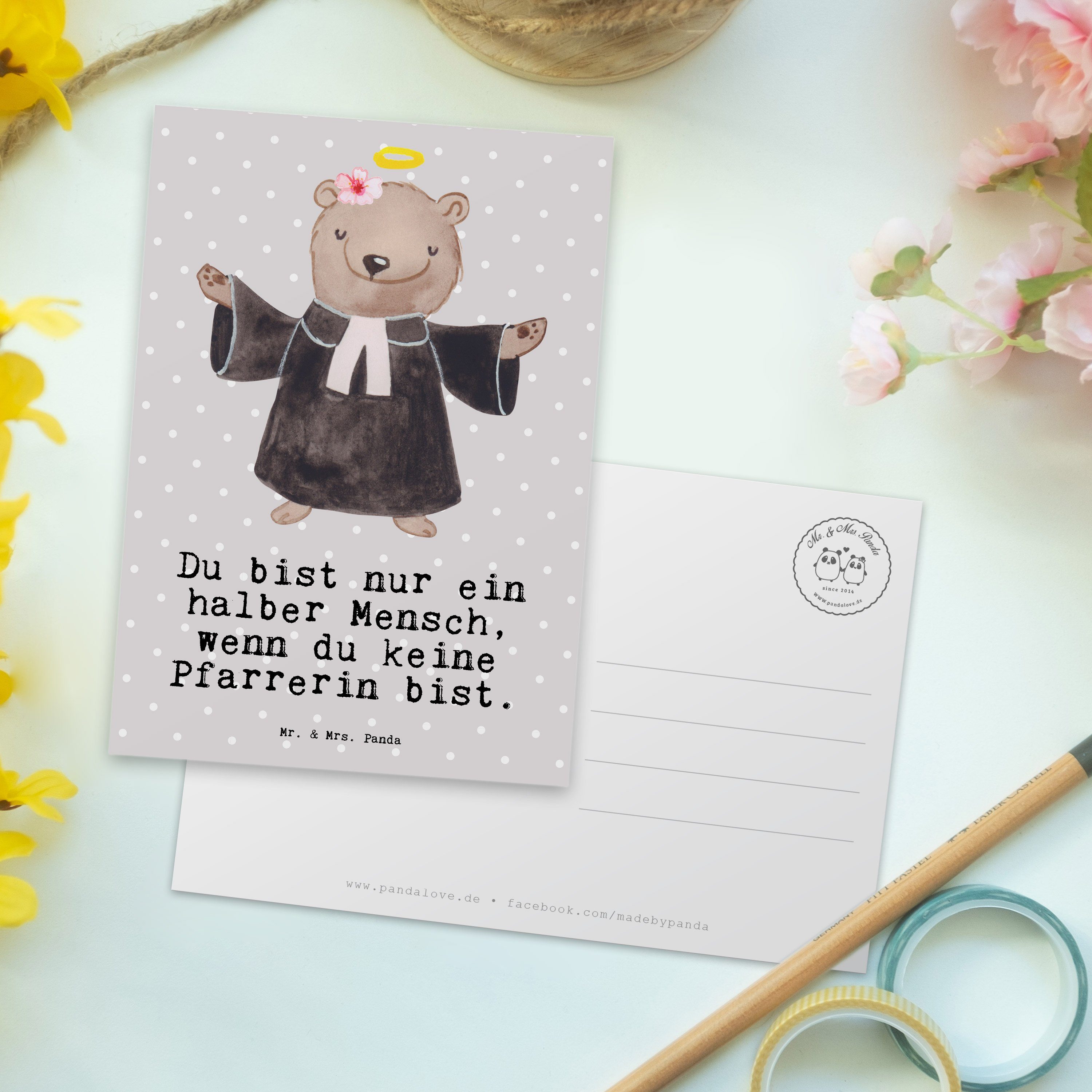 Grau - & Geschenk, Geburtsta Pfarrerin mit Karte, Postkarte Panda Mrs. Mr. Rente, - Herz Pastell