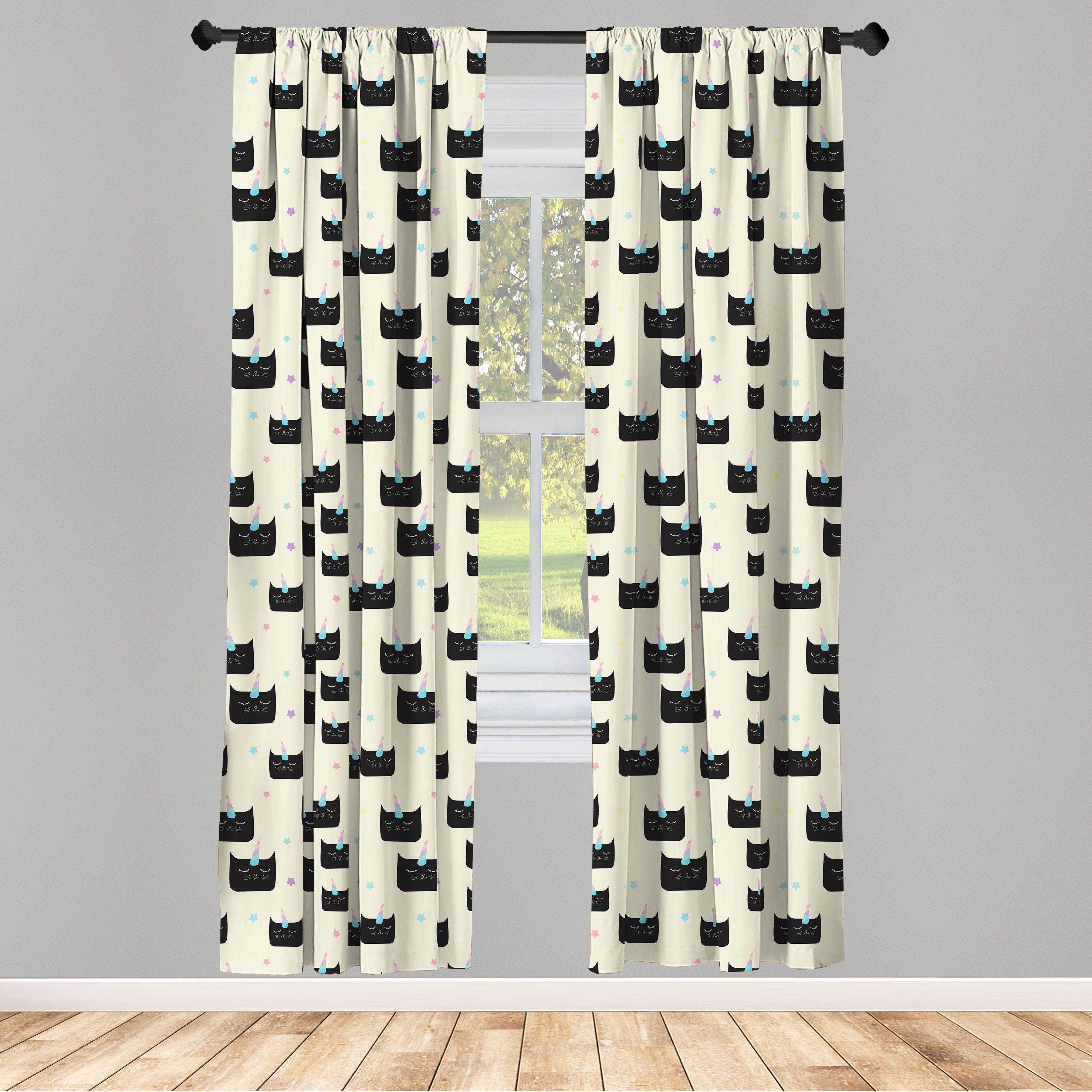 Gardine Vorhang für Wohnzimmer Schlafzimmer Dekor, Abakuhaus, Microfaser, Karikatur Unicorn Katzen-Muster