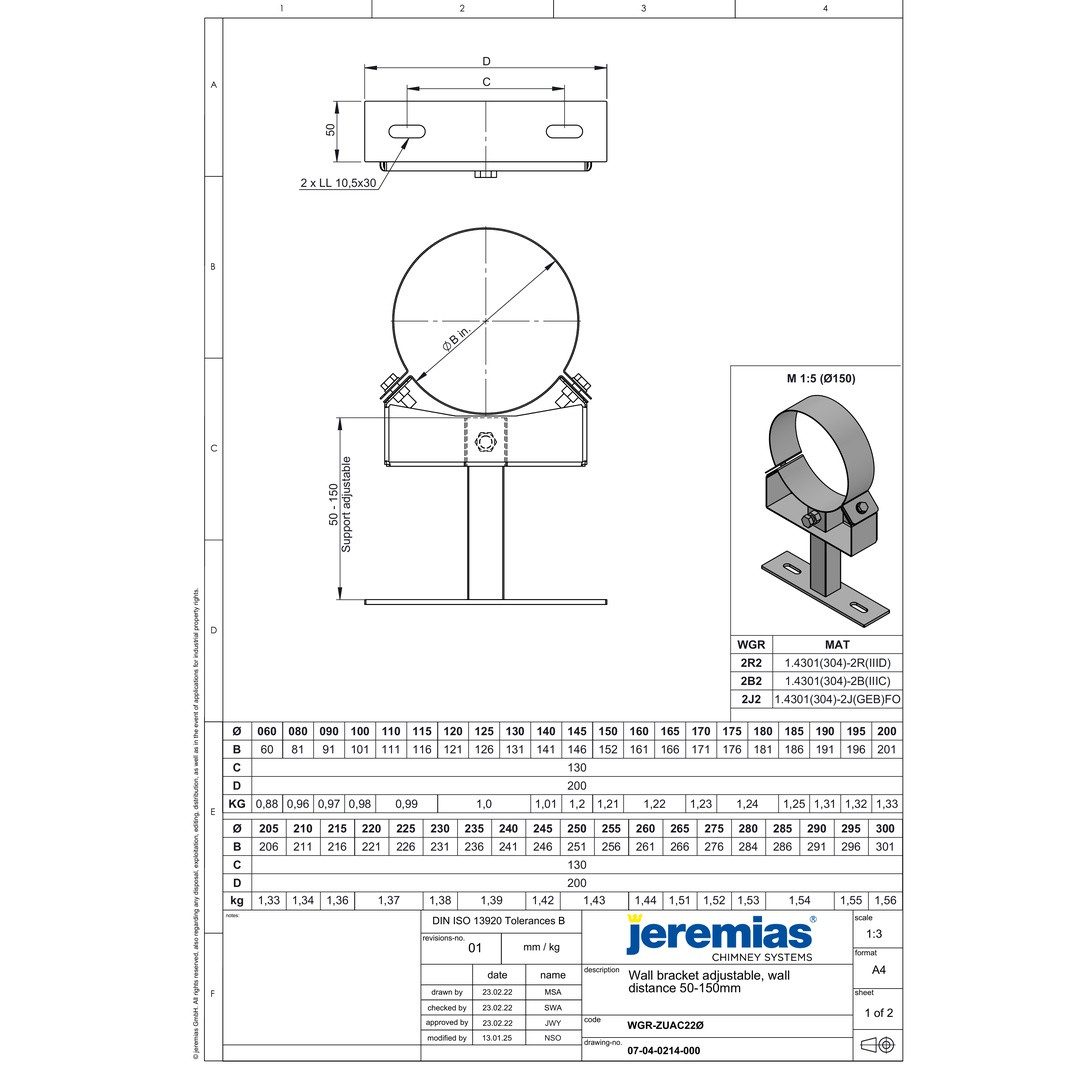 Jeremias Schornstein Ø 150 mm Jeremias DW Vision Wandbefest. f. Wandh. verst. 50 - 150 mm, Ø 150 mm