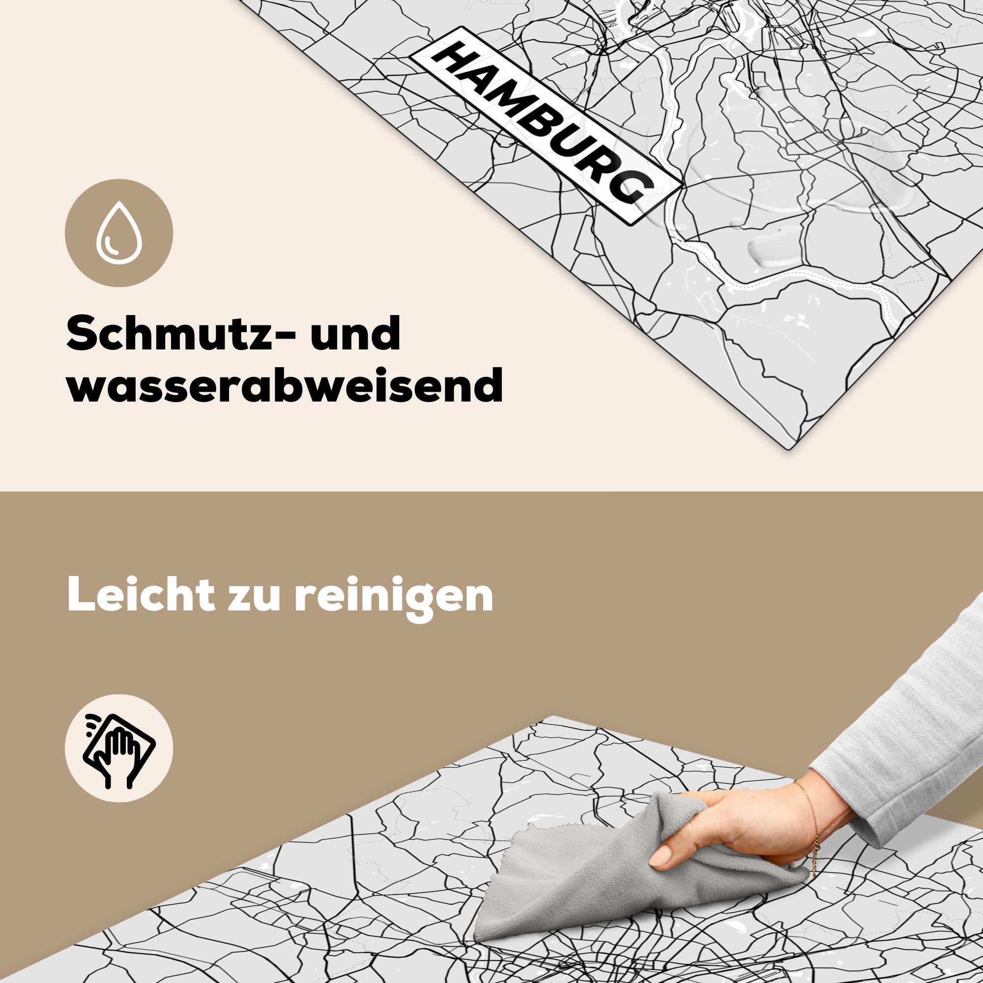 MuchoWow Herdblende-/Abdeckplatte Karte küche Vinyl, Stadt, Ceranfeldabdeckung, Hamburg cm, - Deutschland - tlg), Arbeitsplatte (1 für - 78x78 - Karte