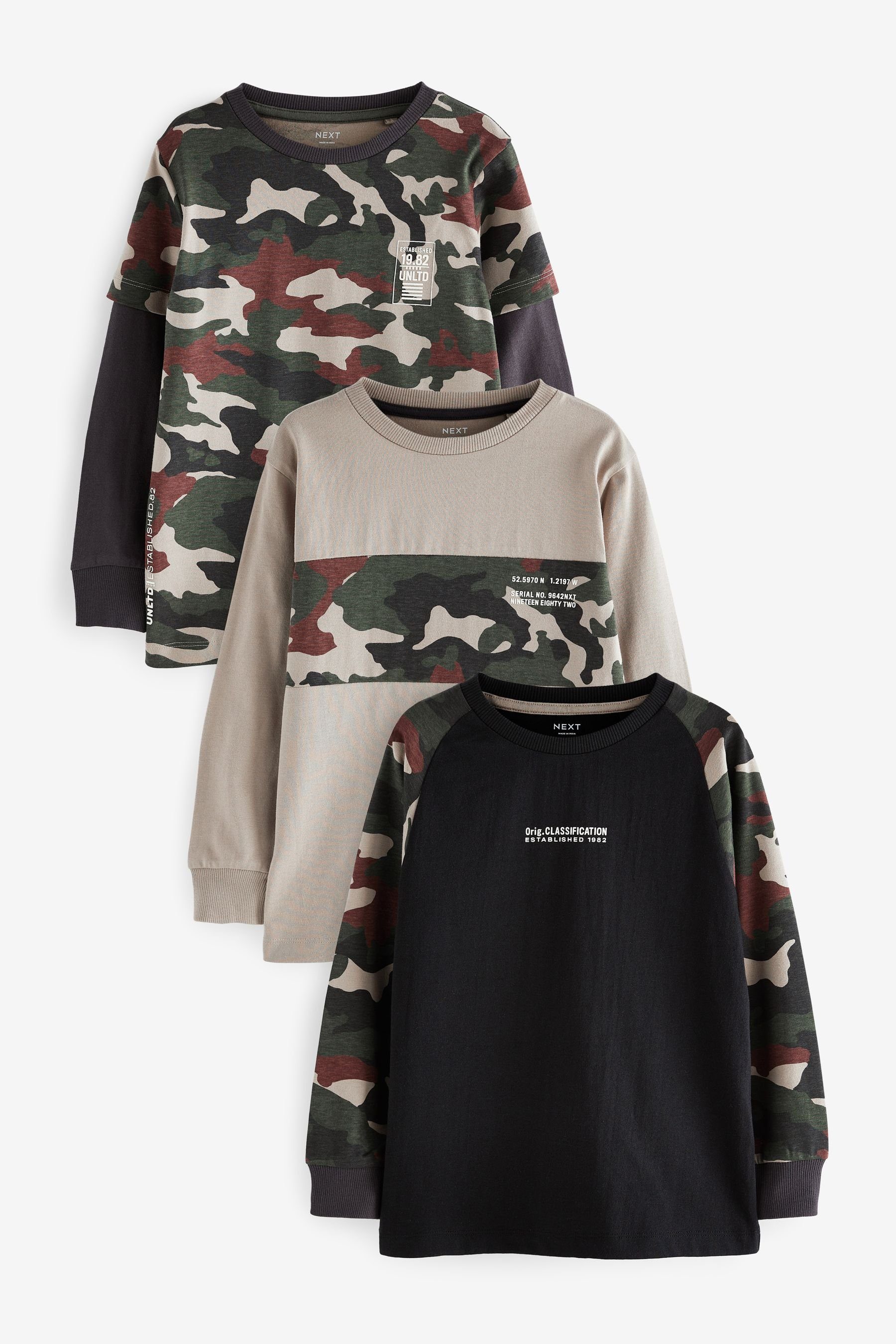 Next Langarmshirt Langarmshirts im Farbblockdesign, 3er-Pack (3-tlg) Camouflage | Shirts