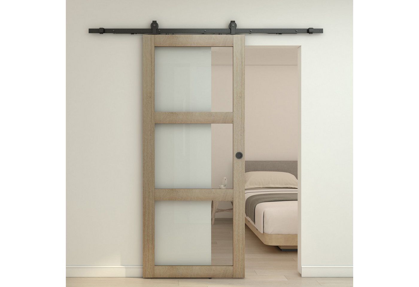inova wohnen Schiebetür Holzschiebetür Komplettset im Landhausstil, Eiche, 90 x 215 cm, Komplettset mit Schienensystem und Softclose