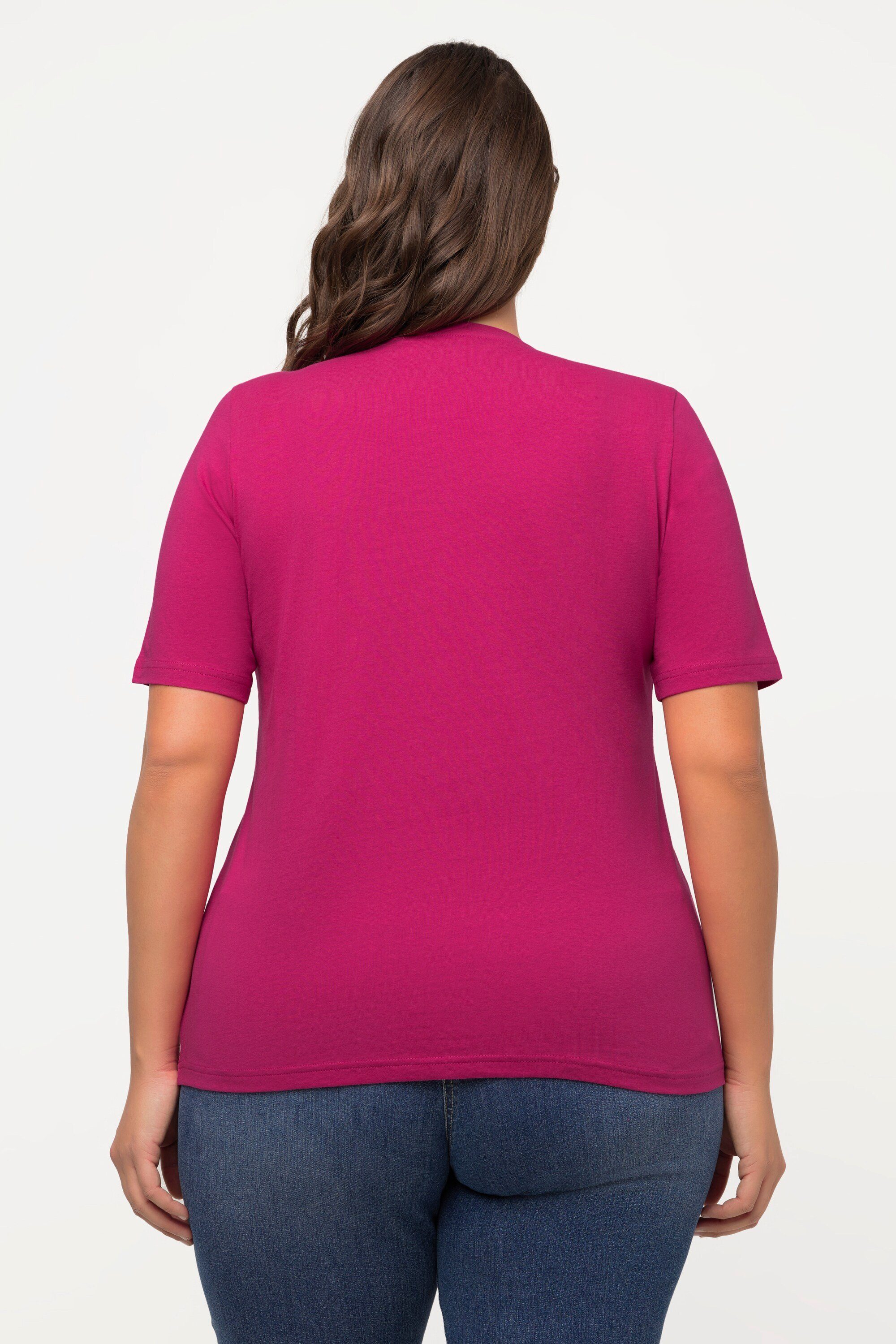fuchsia V-Ausschnitt Classic Ulla Rundhalsshirt Popken Kolibri T-Shirt Halbarm pink